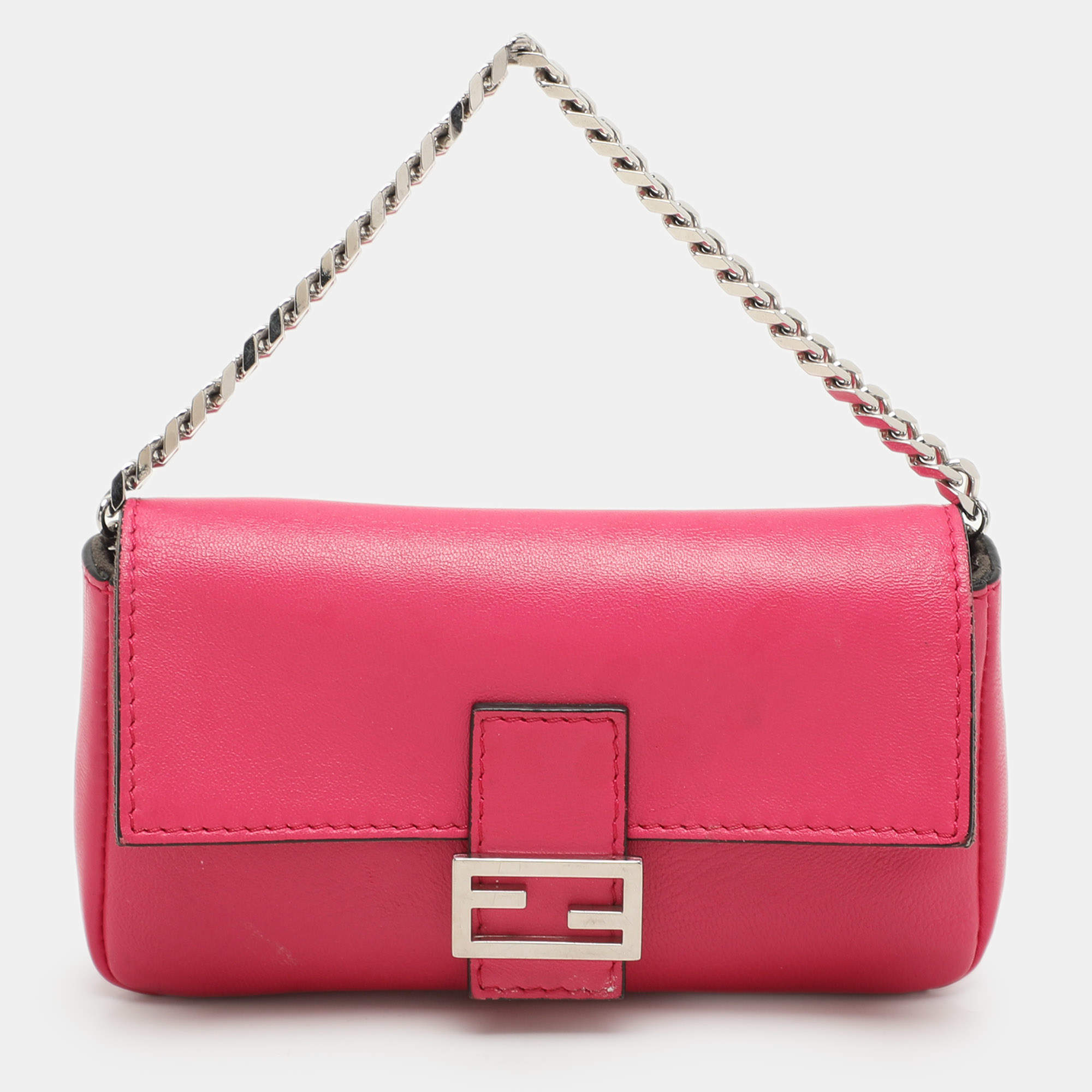 Pre Owned Fendi Pink Leather Micro Baguette Bag