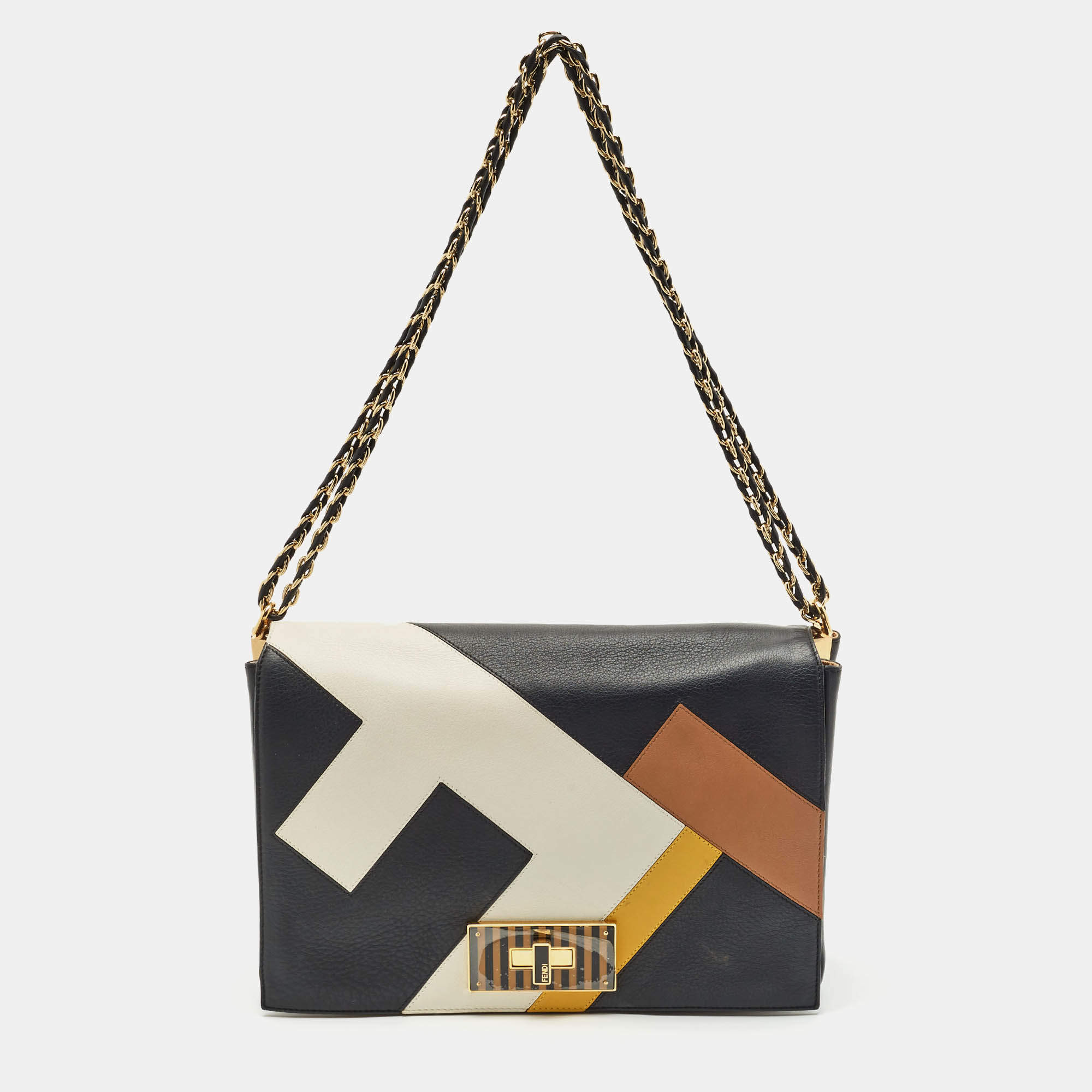 Fendi Black Leather Large Color Block Claudia Shoulder Bag