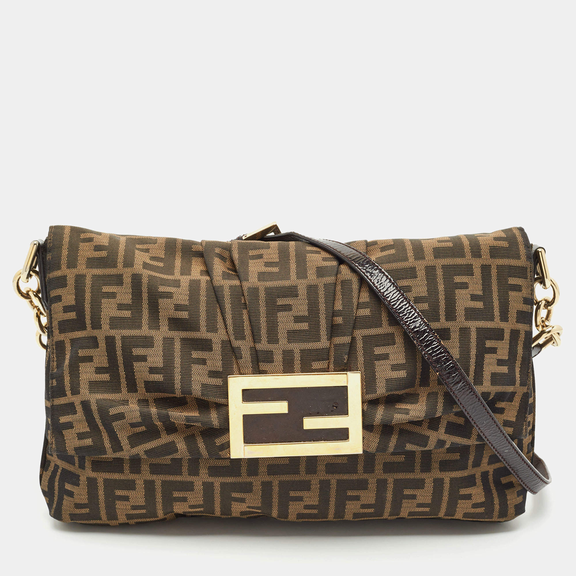Fendi Tobacco Zucca Canvas and Patent Leather Mia Flap Shoulder Bag