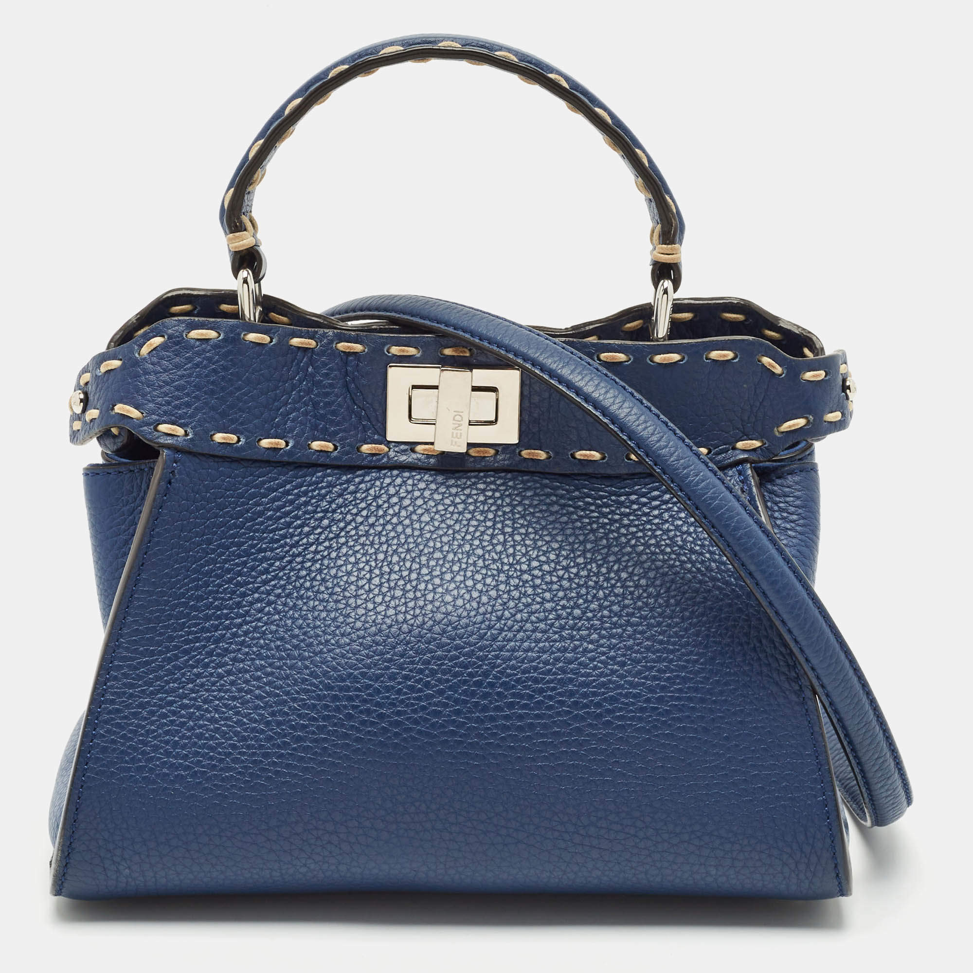 Fendi Navy Blue Selleria Leather Mini Peekaboo Top Handle Bag