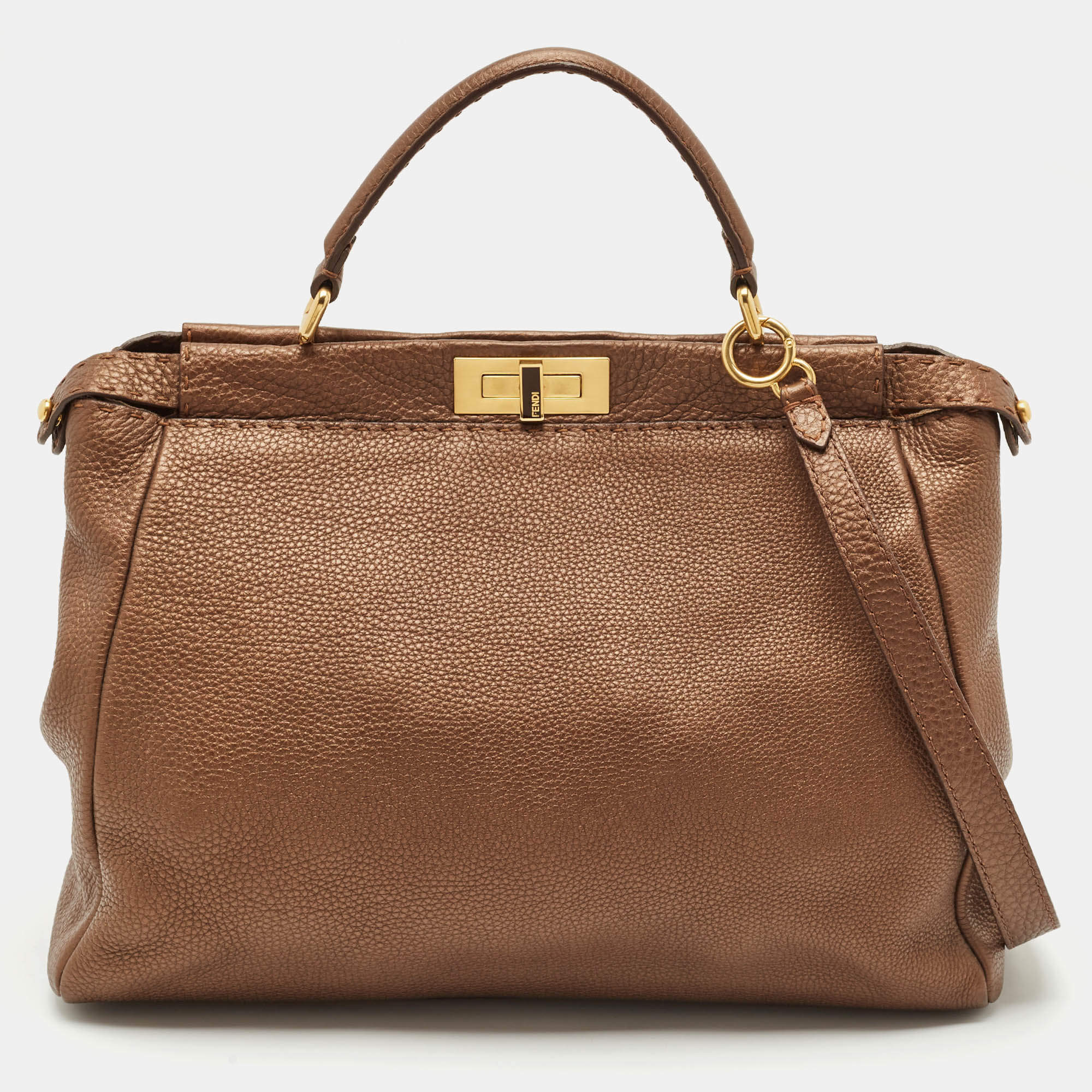 Pre Owned Fendi Bronze Selleria Leather Large Peekaboo Top Handle Bag