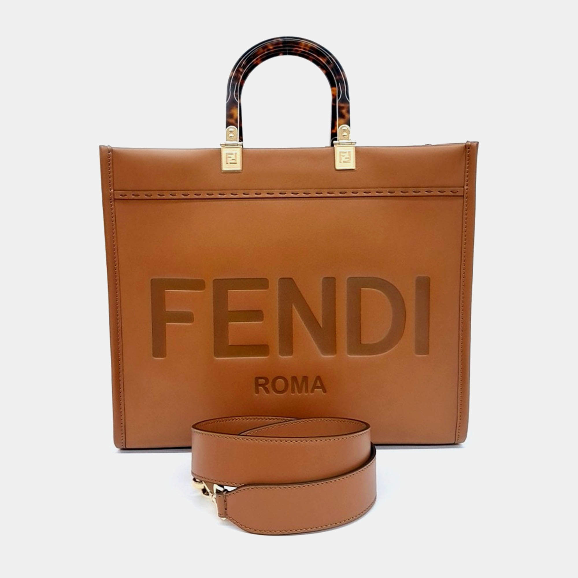 Fendi Brown Leather Sunshine Tote and Shoulder Bag