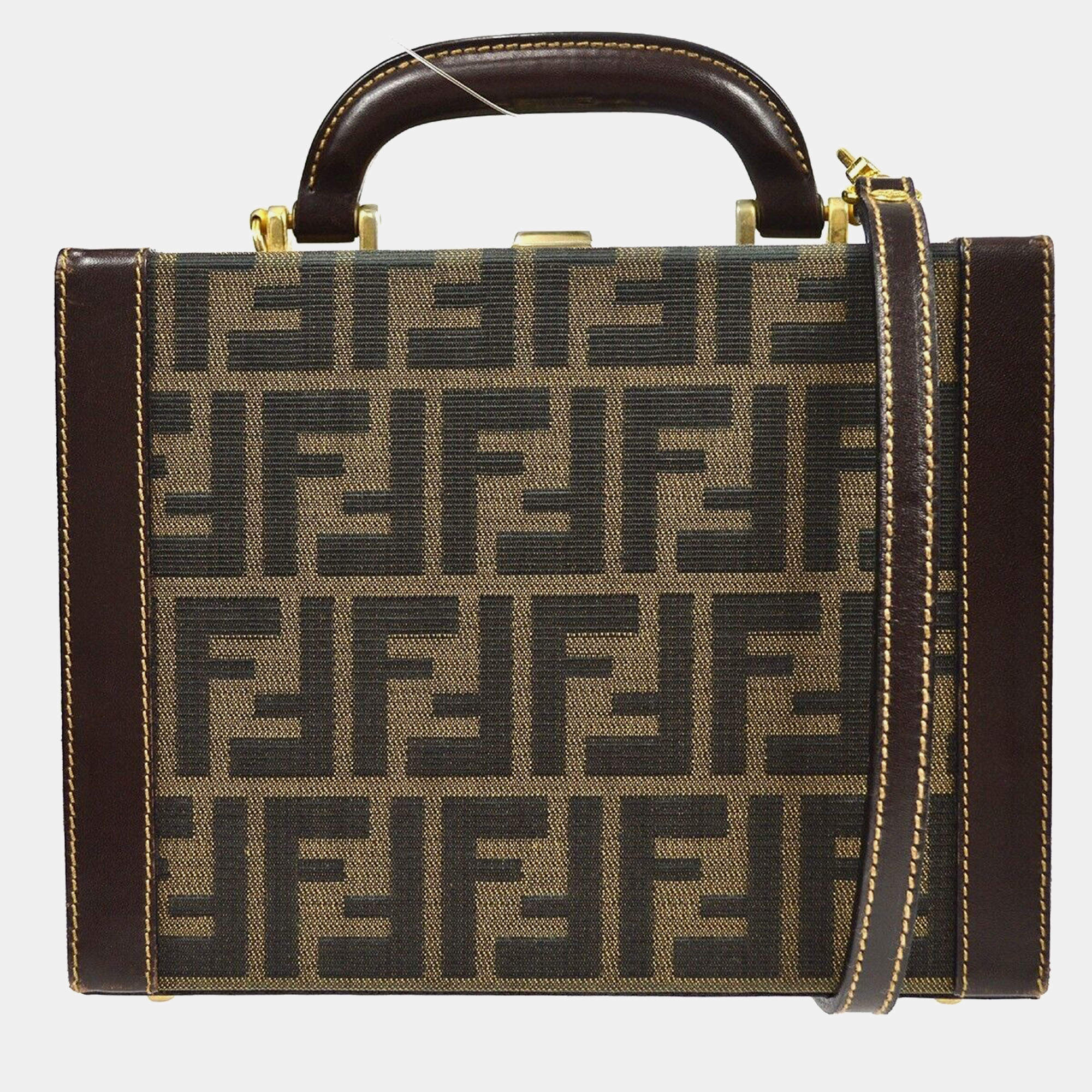 Fendi Brown Zucca Canvas Leather Vanity Bag