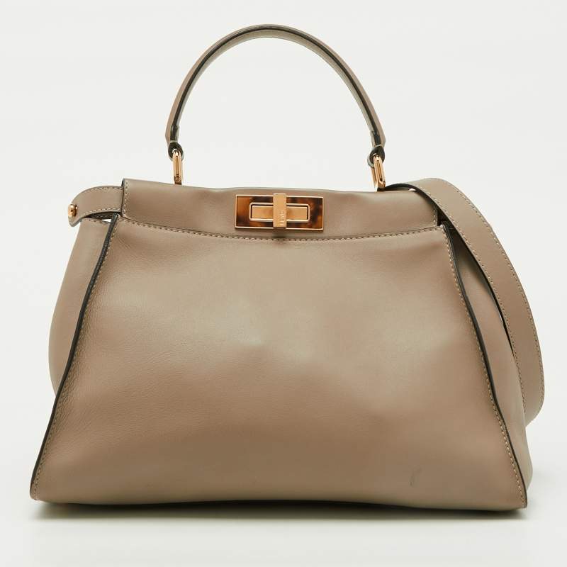 Fendi Dark Beige Leather Medium Peekaboo Top Handle Bag