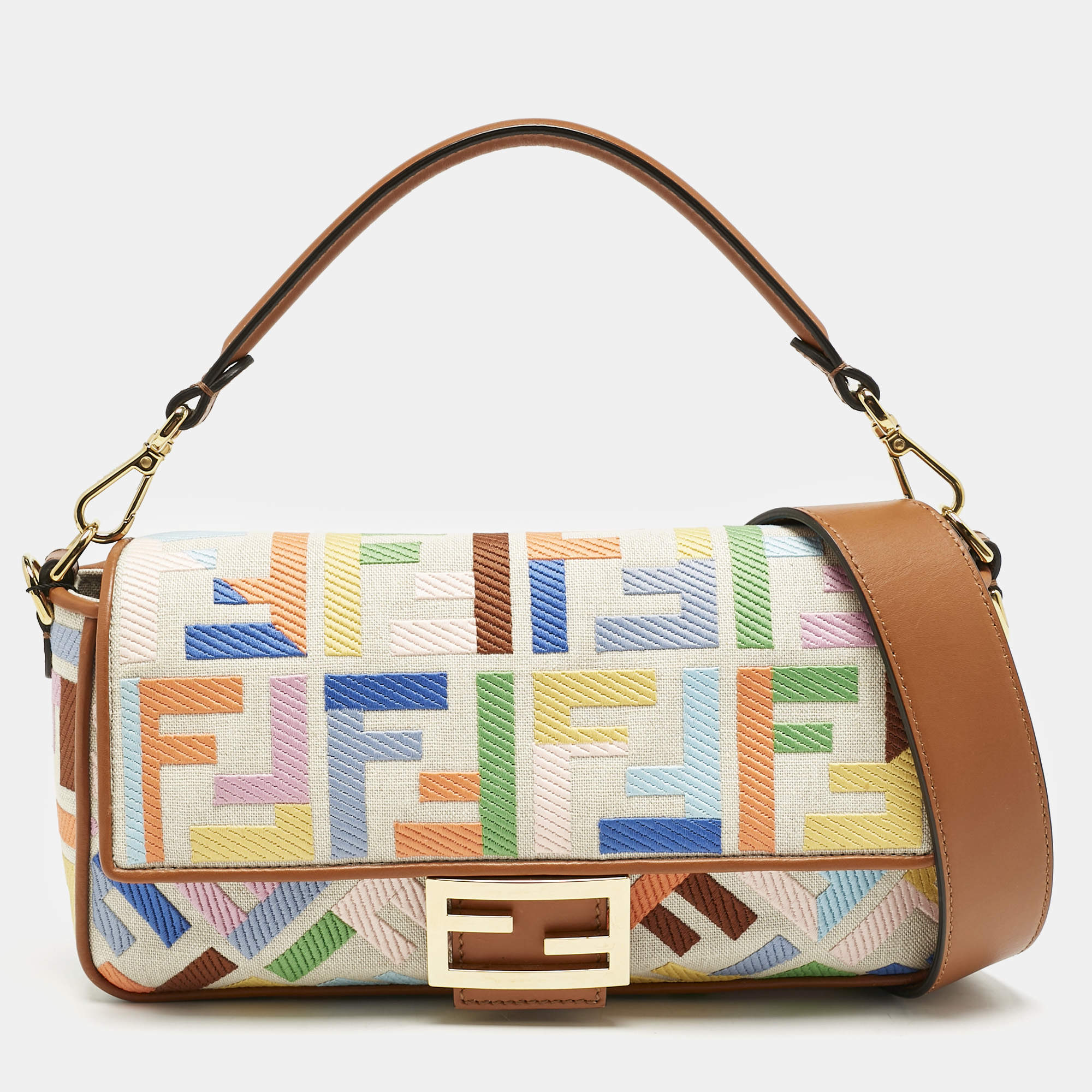 Fendi Multicolor FF Embroidery Canvas Medium Baguette Bag