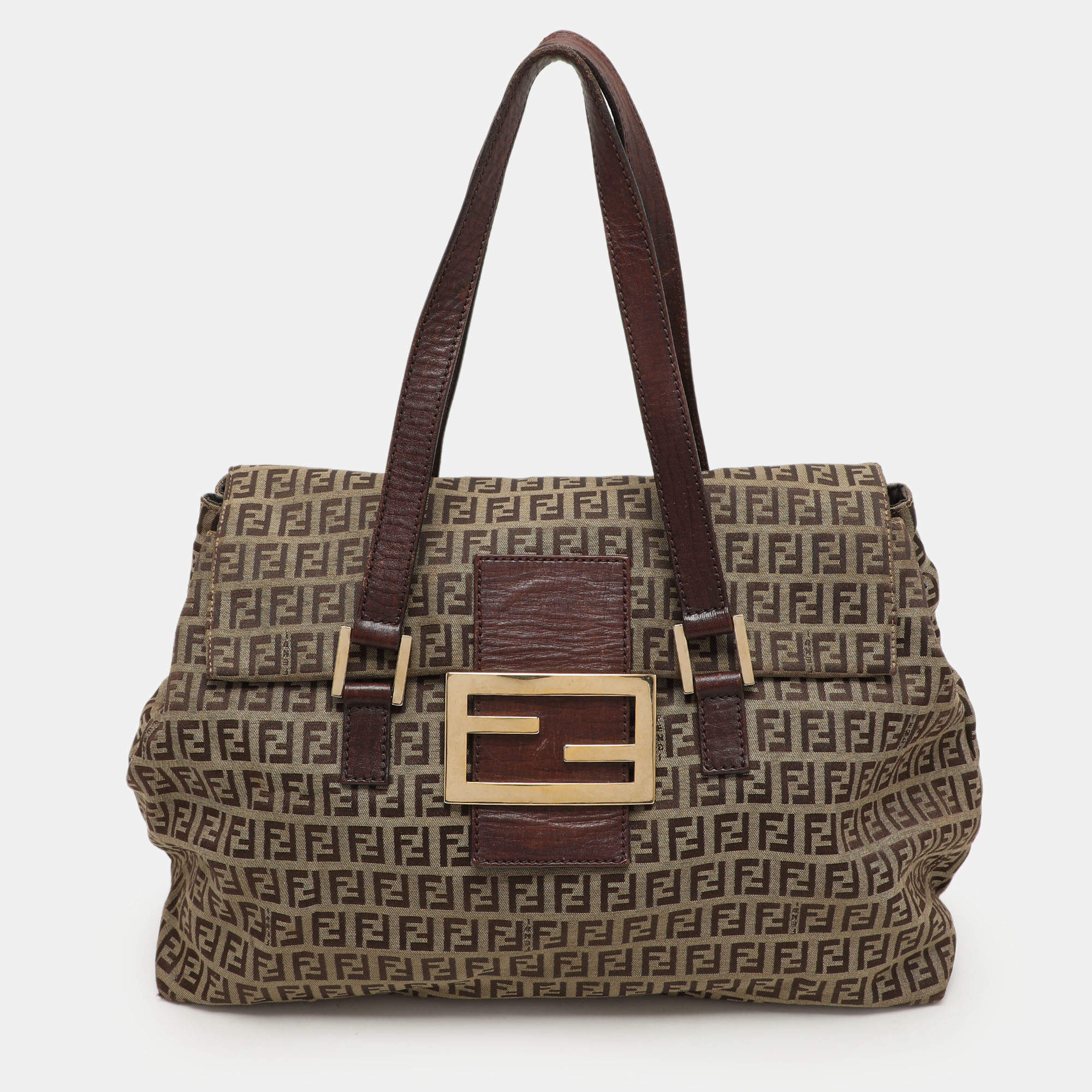 Fendi Beige/Brown Zucchino Canvas and Leather Accordion Tote