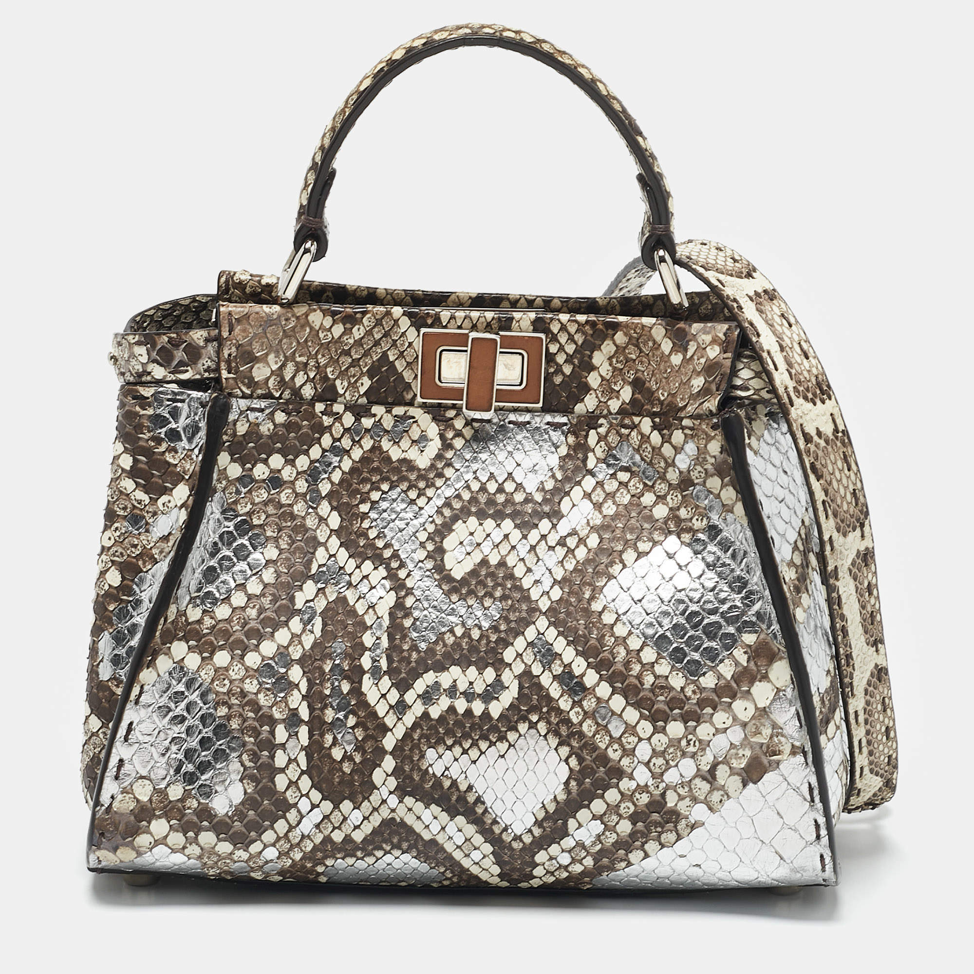 Fendi Brown/Silver Selleria Python Mini Peekaboo Top Handle Bag
