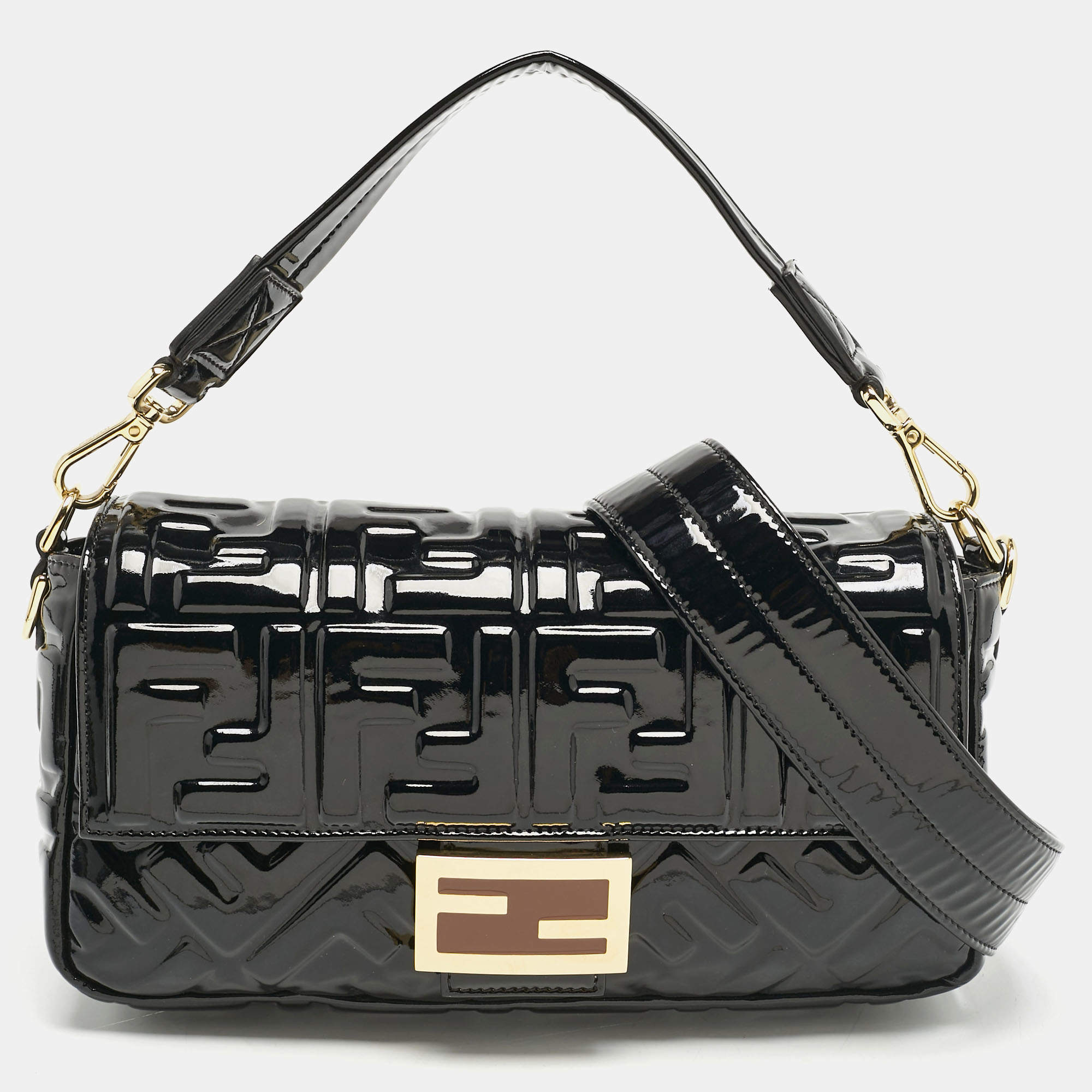 Fendi Black FF Embossed Patent Leather Medium Baguette Bag