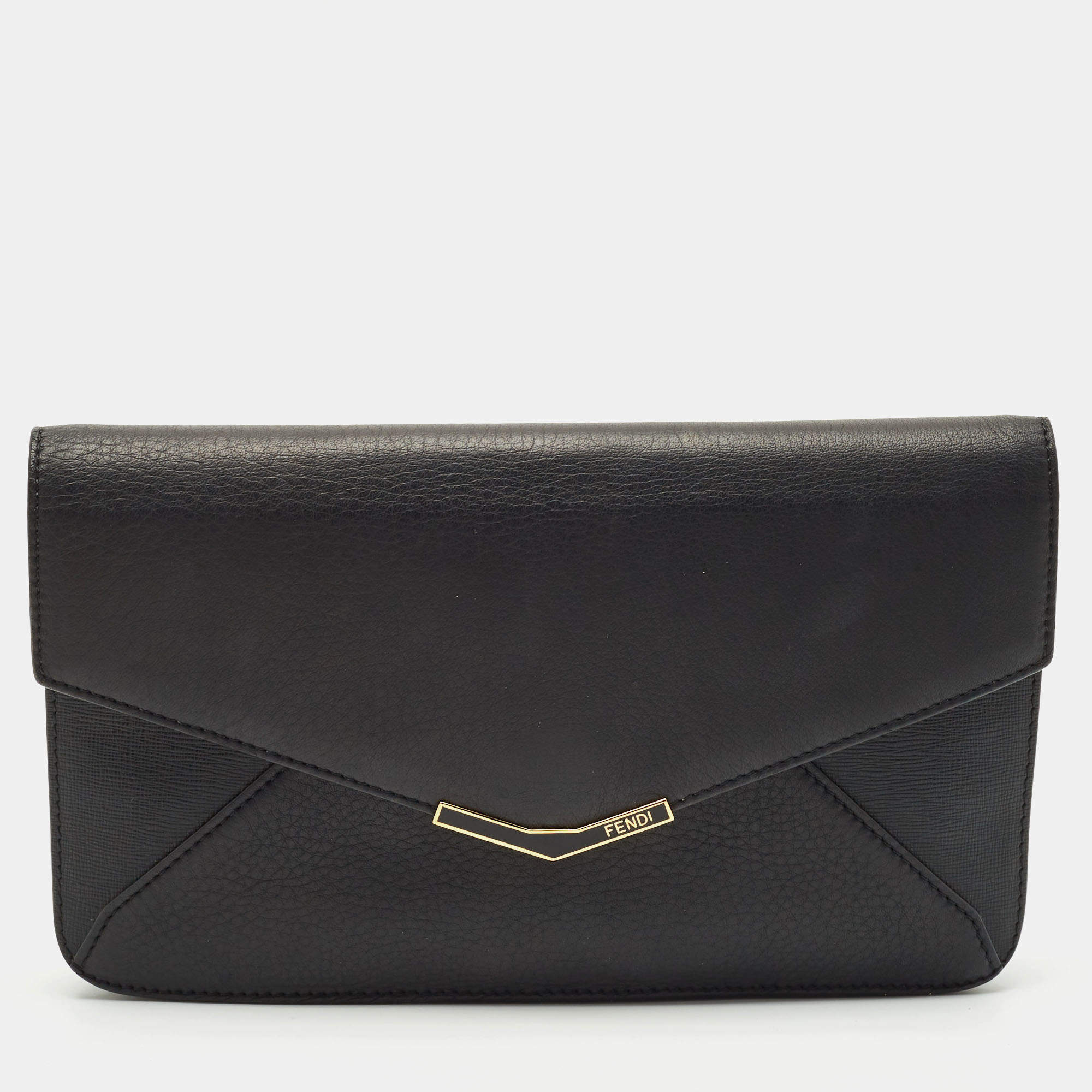 Fendi Black Leather 2Jours Envelope Clutch