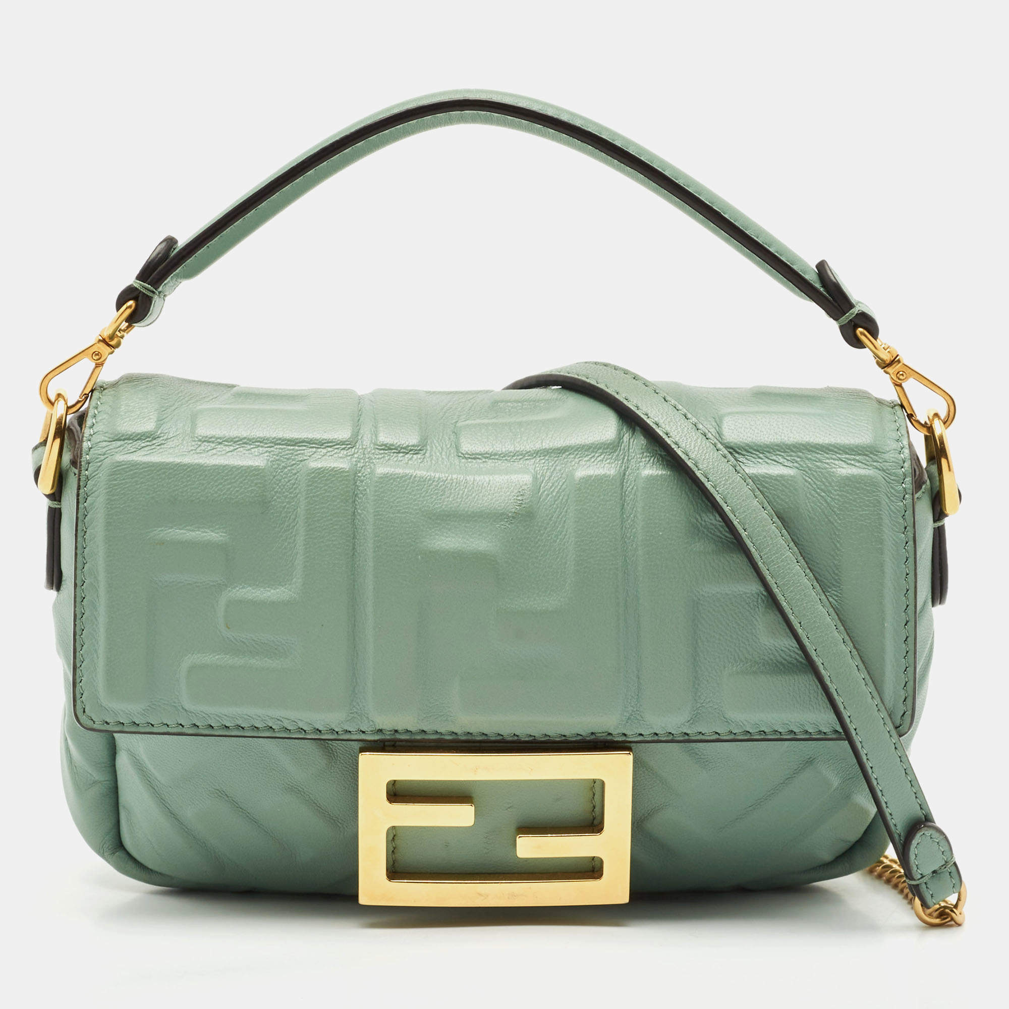 Fendi Green FF Logo Embossed Leather Mini Baguette Bag