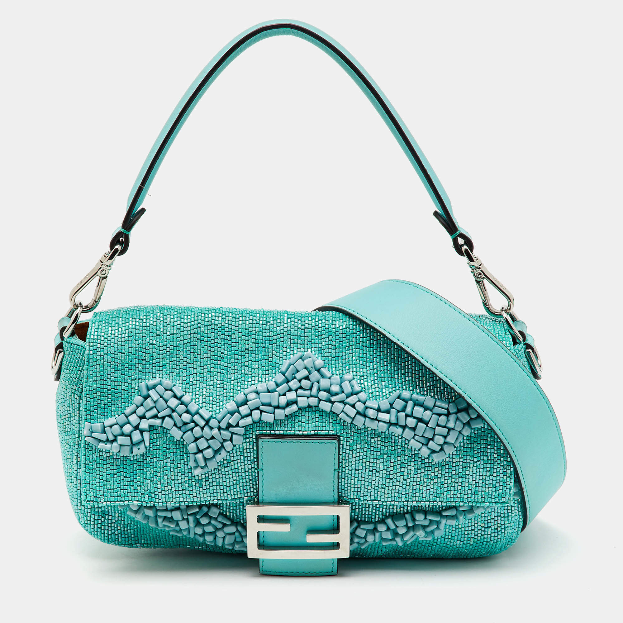 Fendi Turquoise Blue Stone Beads and Leather Re-Edition Baguette Bag
