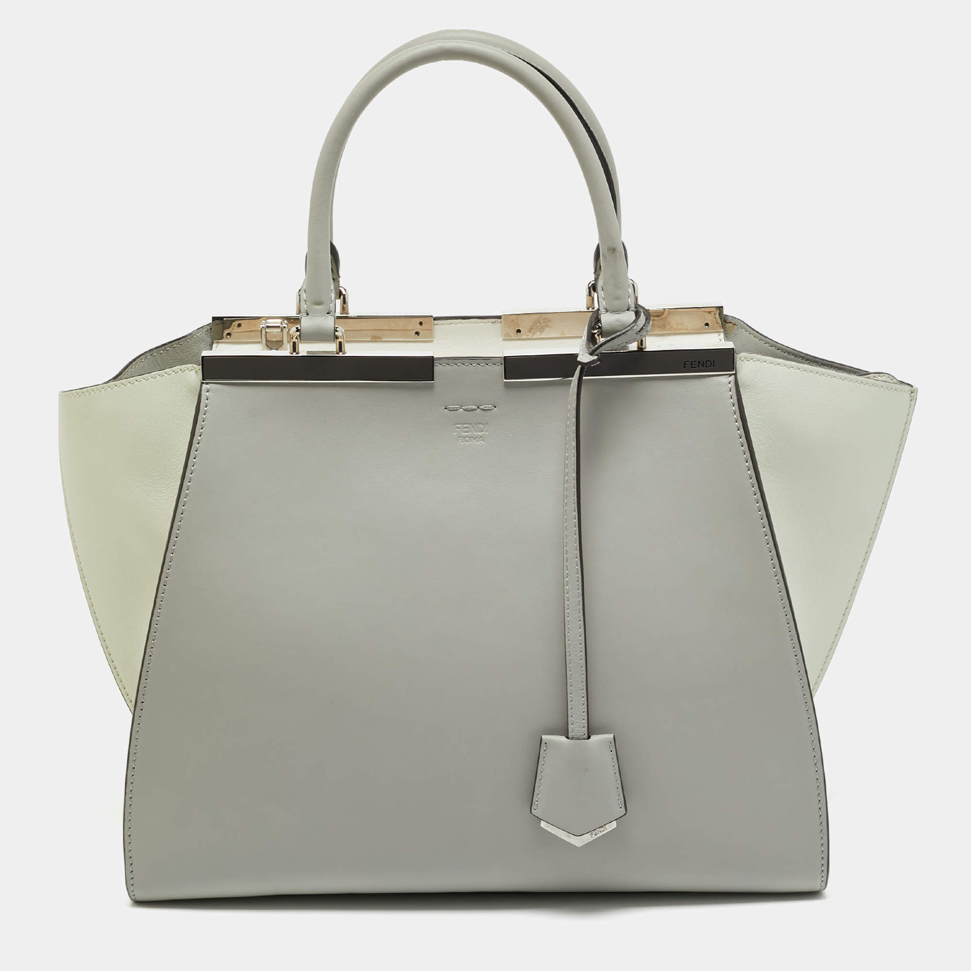 Pre Owned Fendi Light Grey/White Leather Medium 3Jours Tote