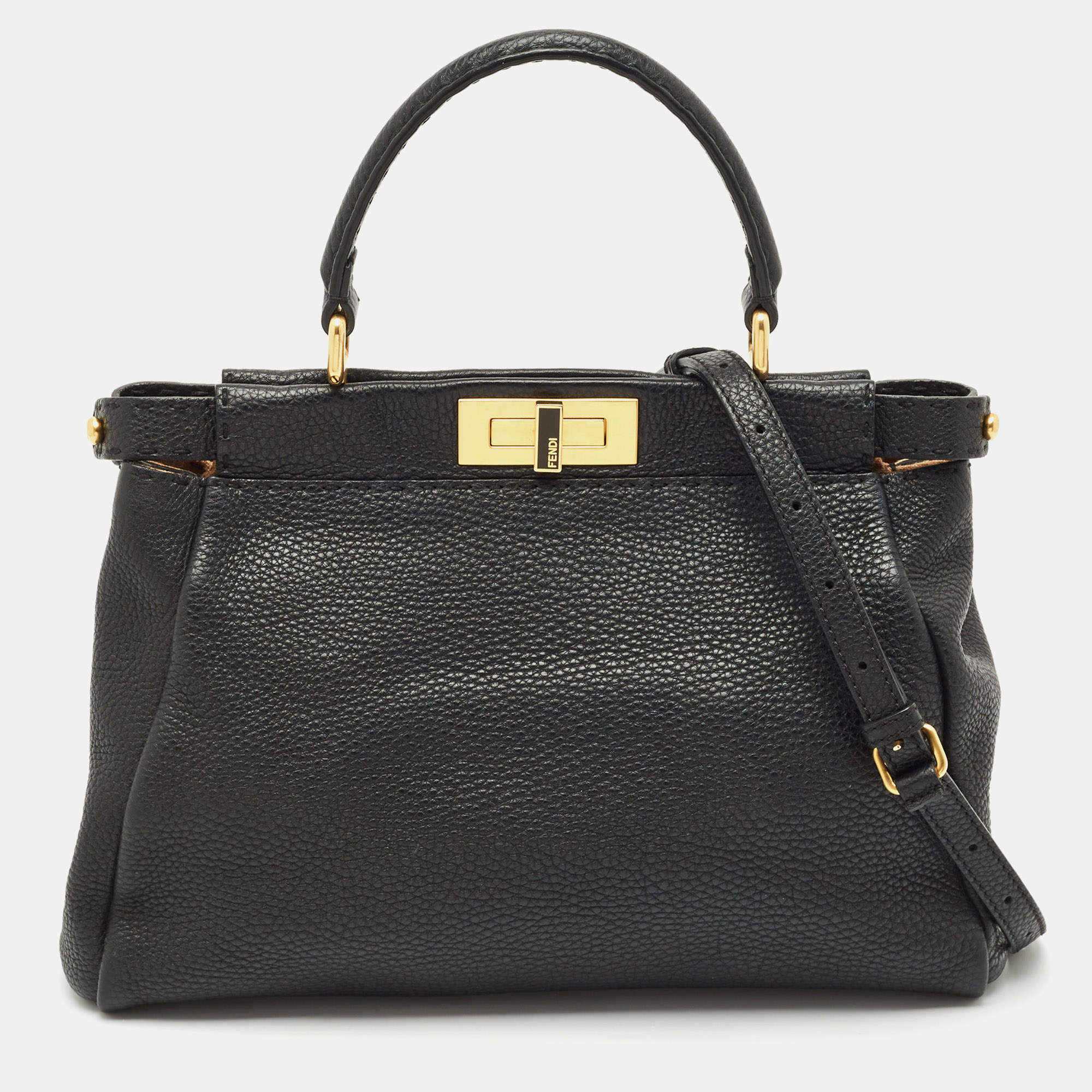 Fendi Black Selleria Leather Regular Peekaboo Top Handle Bag