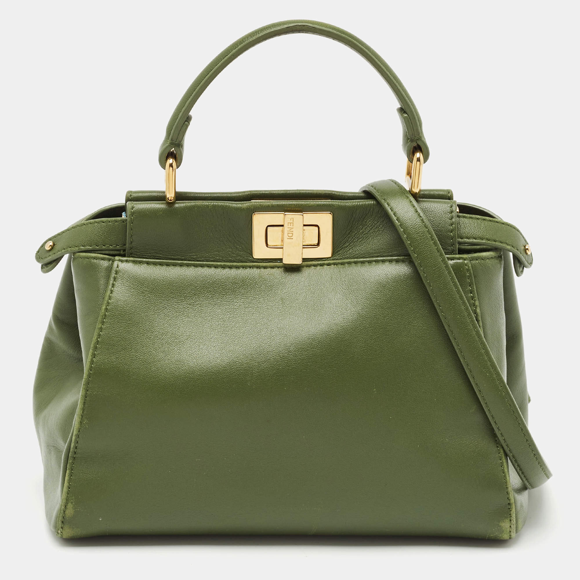 Fendi Olive Green Leather Mini Peekaboo Top Handle Bag