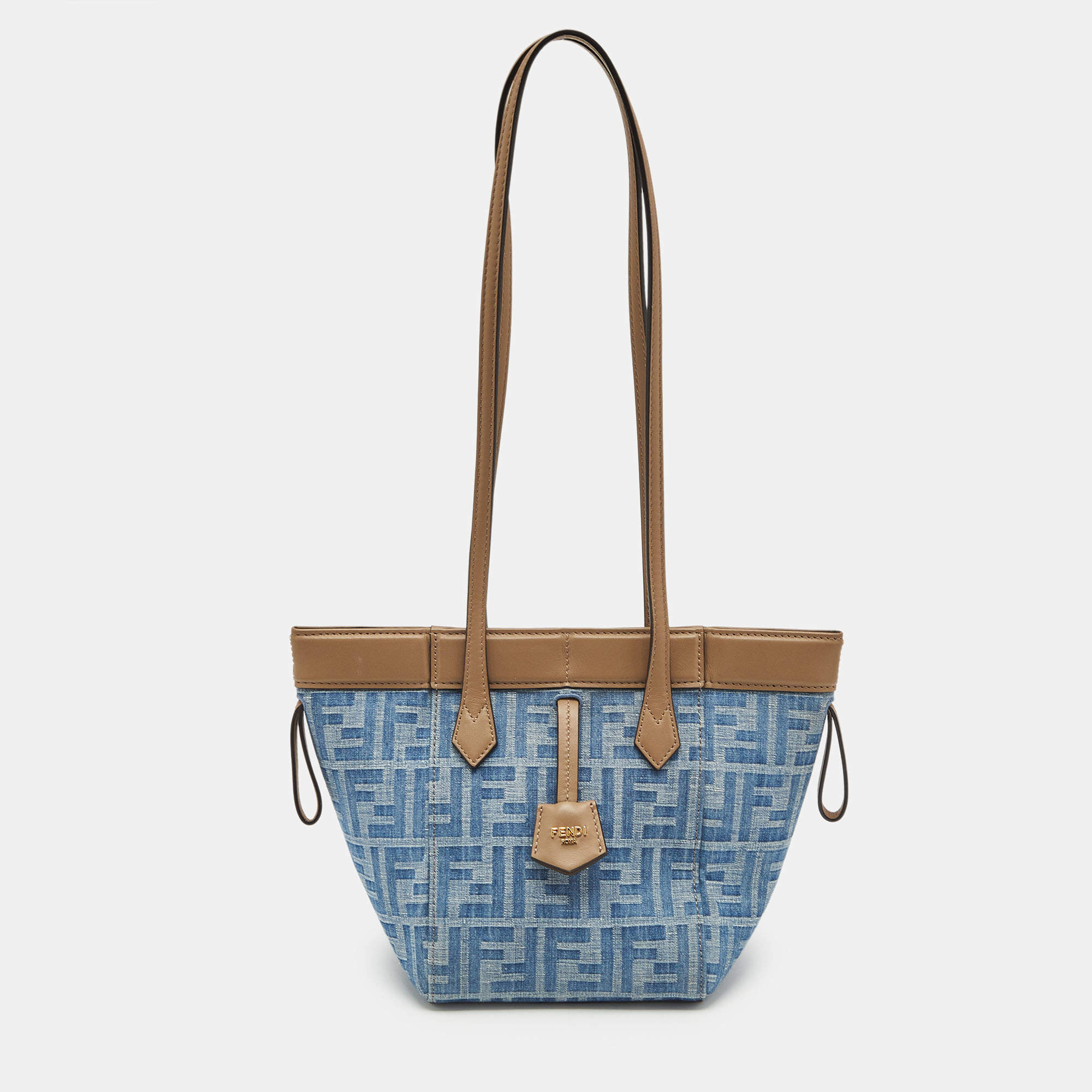 Fendi Blue/Brown Denim FF and Leather Mini Origami Tote