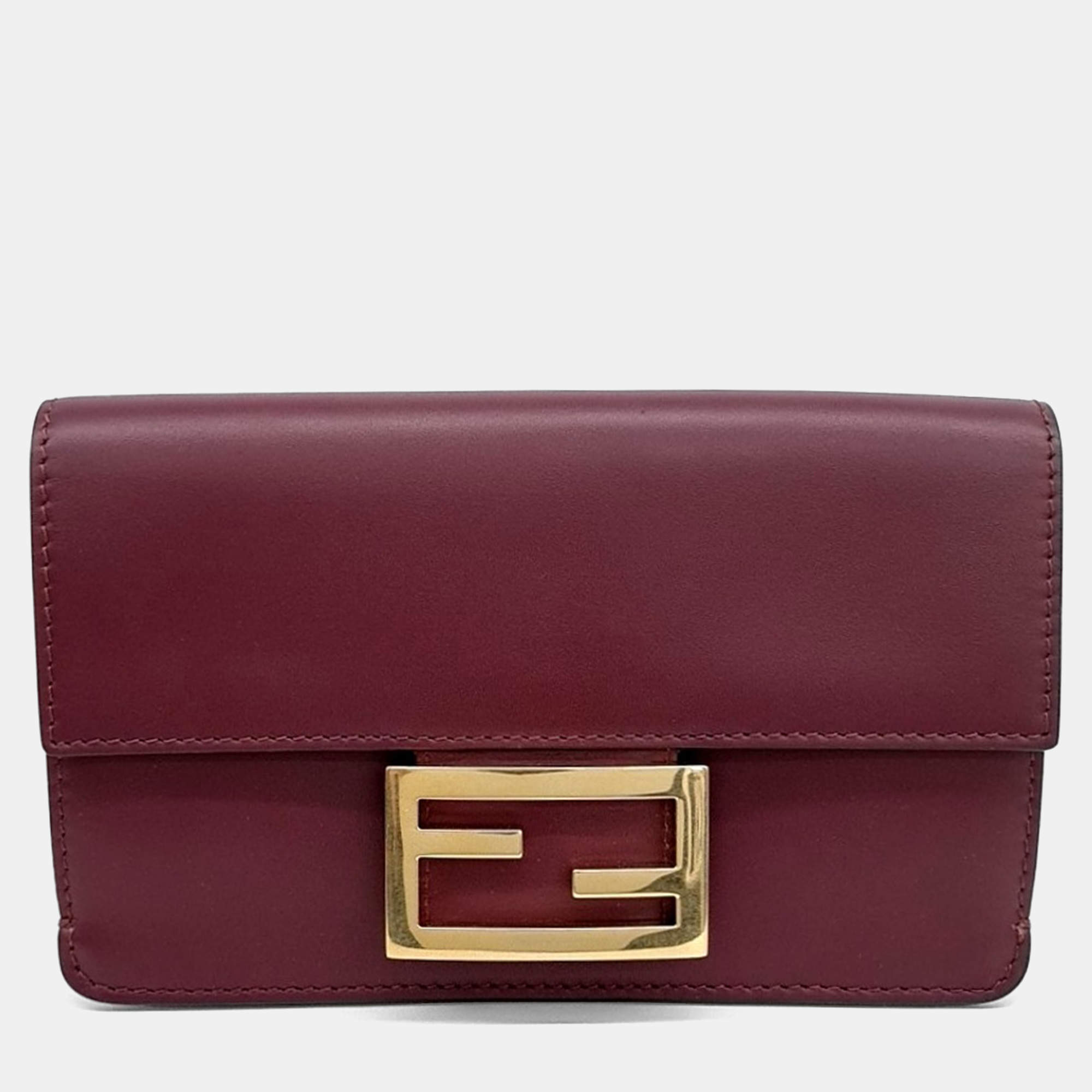 Pre Owned Fendi Burgundy Leather Flat Baguette Bag