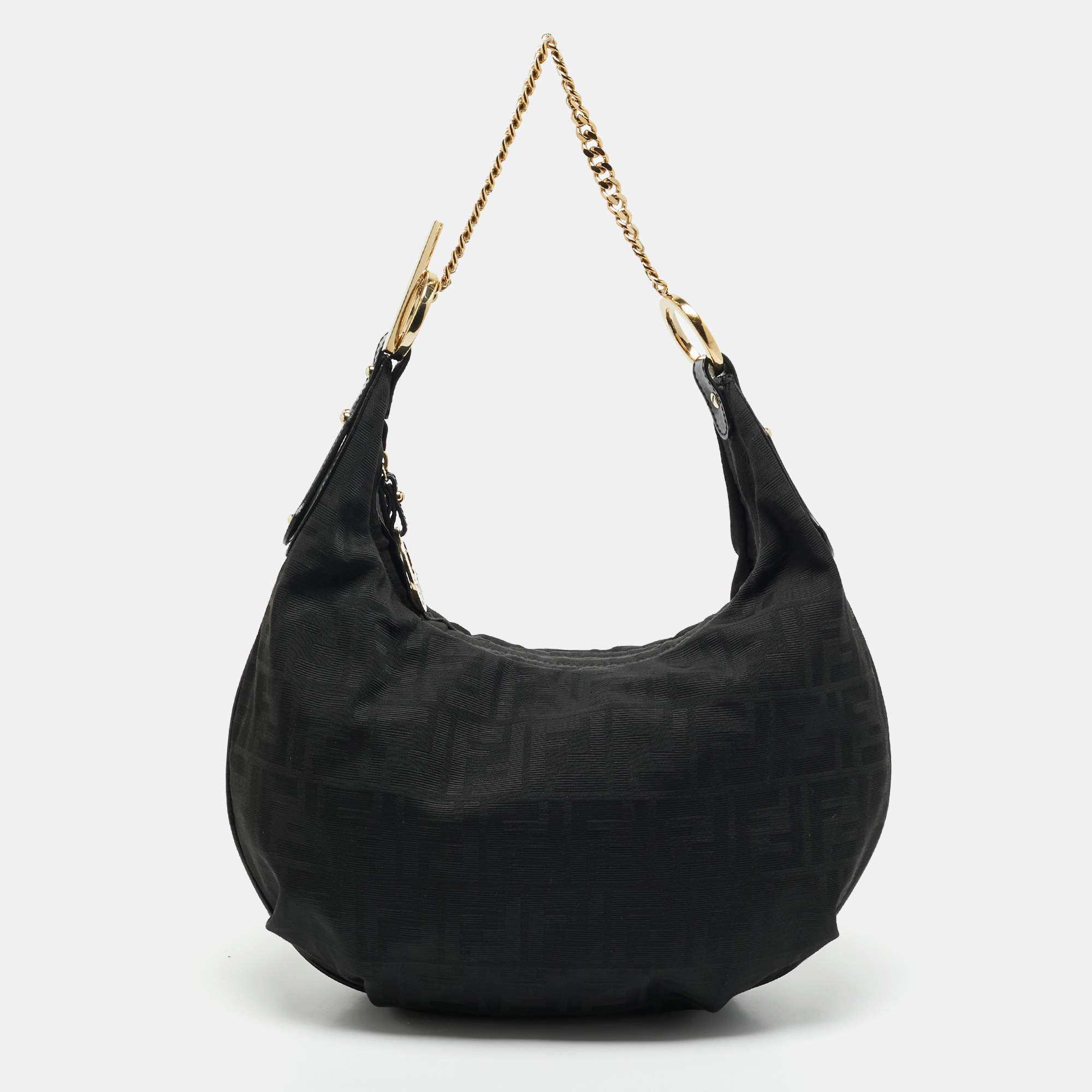 Fendi Black Zucca Canvas and Patent Leather Chef Chain Hobo