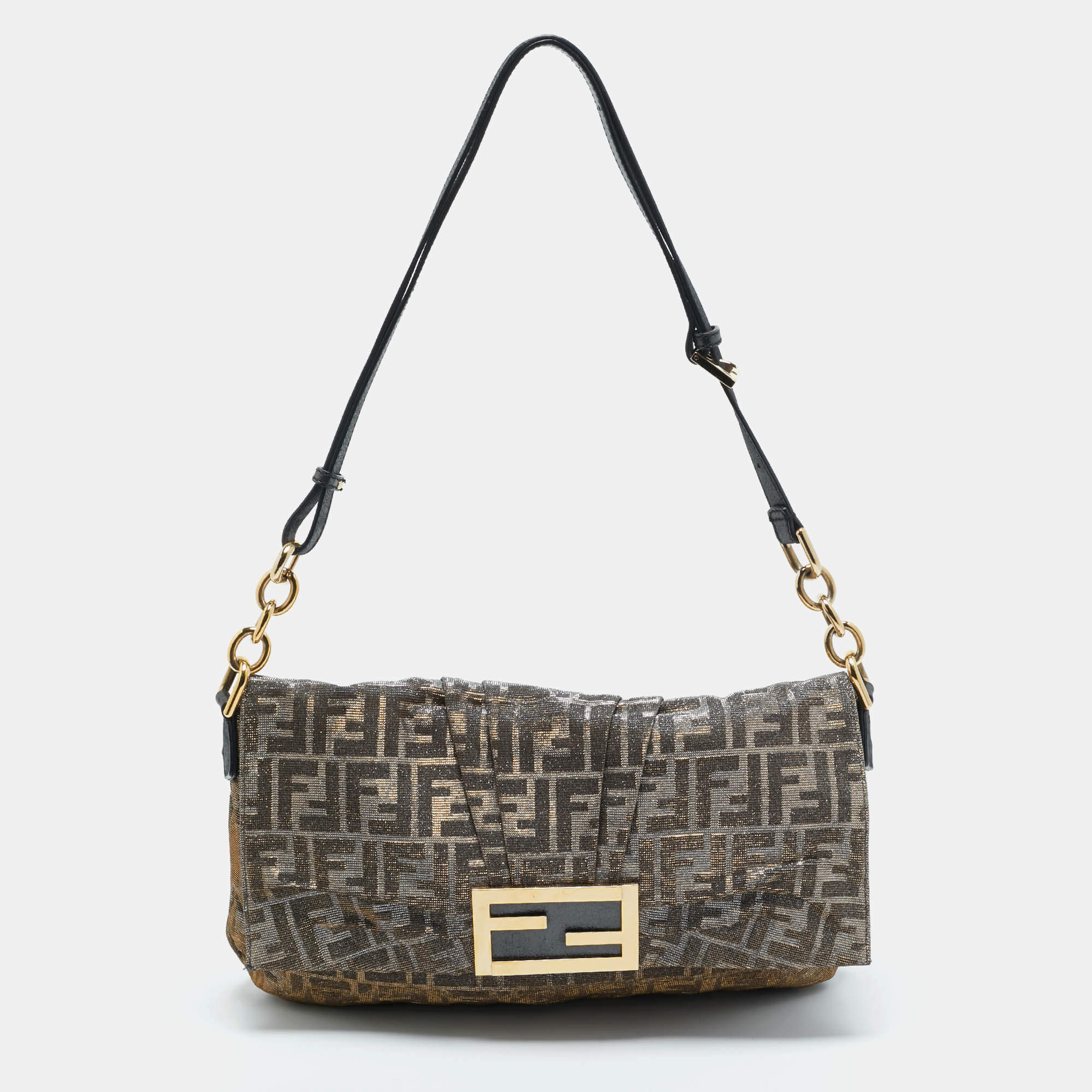 Pre Owned Fendi Silver/Gold Zucca Lurex Fabric and Leather Large Mia Flap Bag
