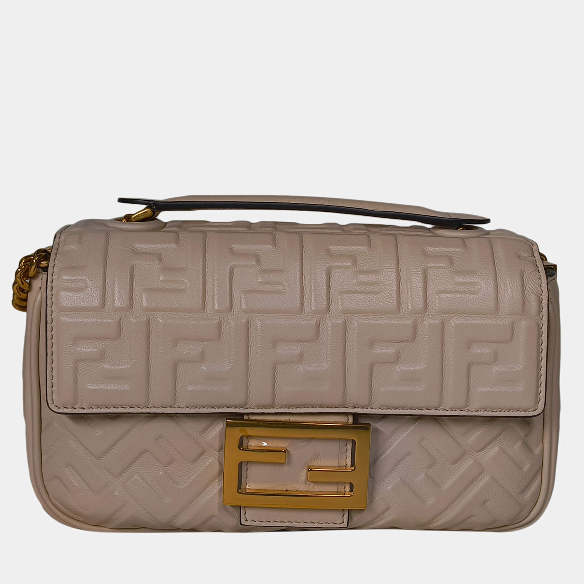 Fendi Baguette FF Beige Nappa Embossed Midi Chain Bag