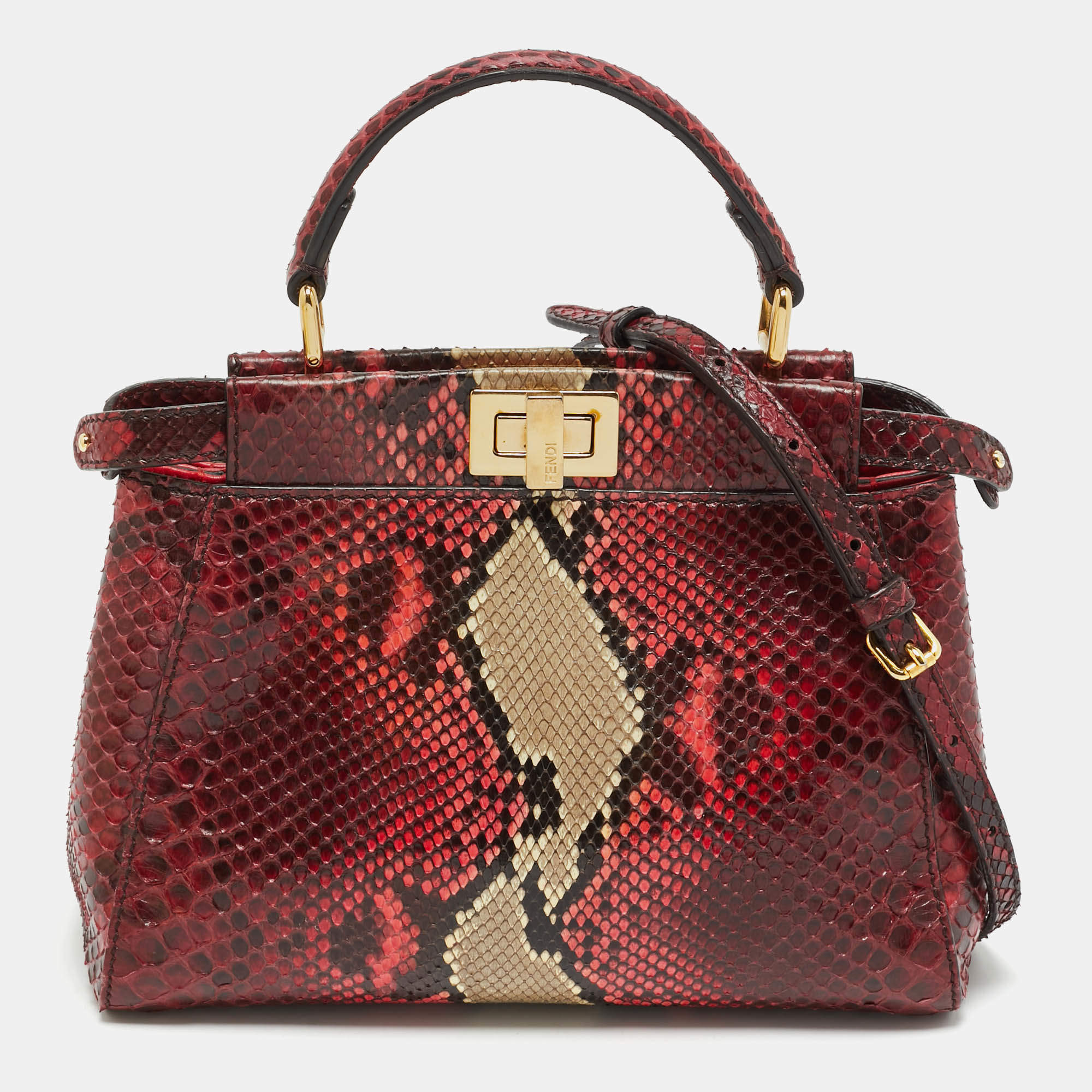 Fendi Red/Beige Python Mini Peekaboo Top Handle Bag