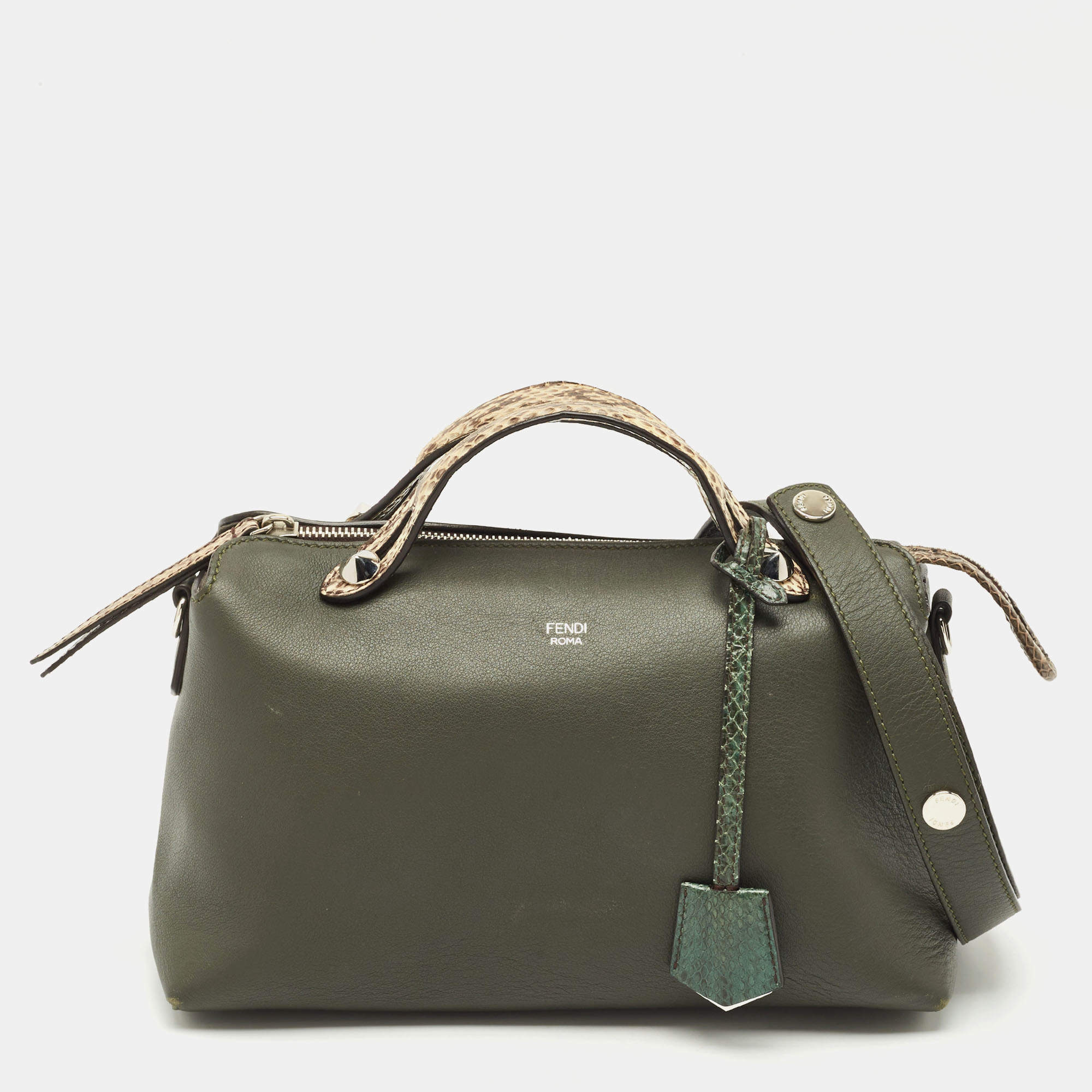 Fendi Dark Green/Beige Leather and Snakeskin Trim Medium By The Way Bag