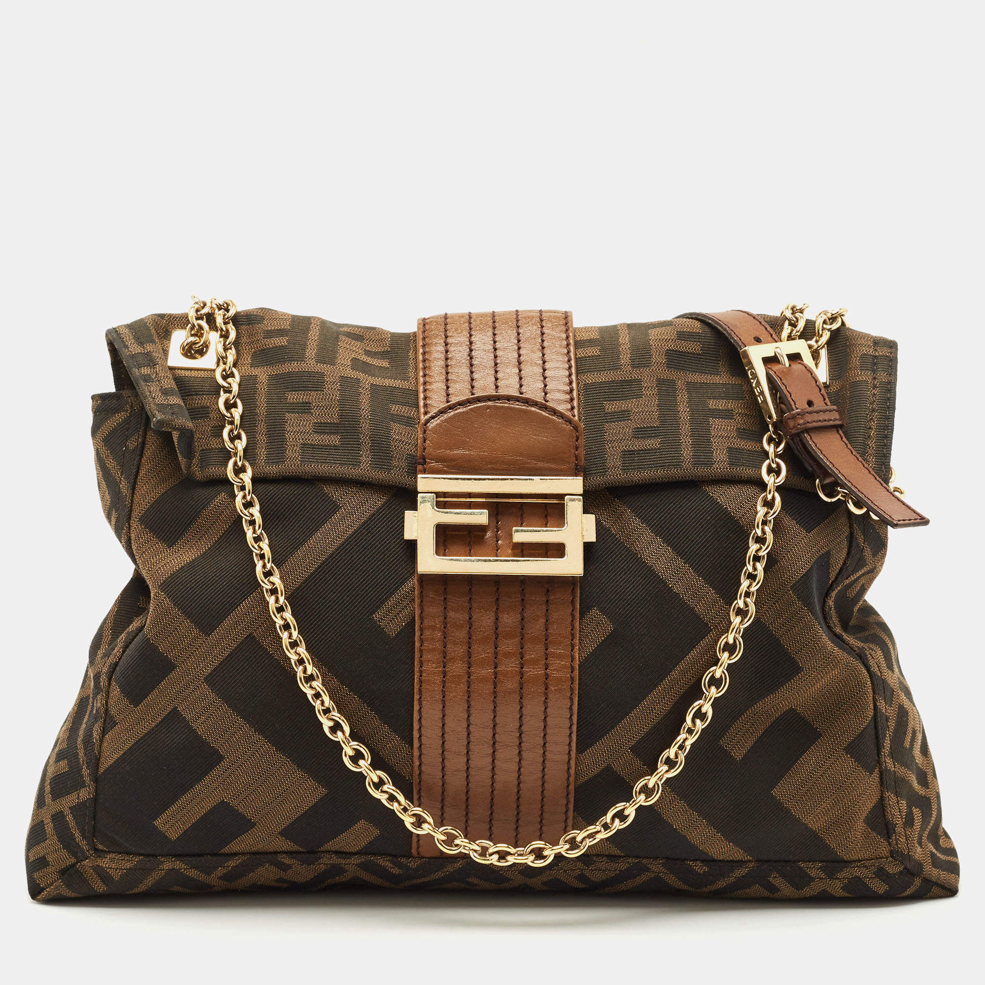 Fendi Tobacco Zucca Canvas and Leather Maxi Baguette Flap Shoulder Bag