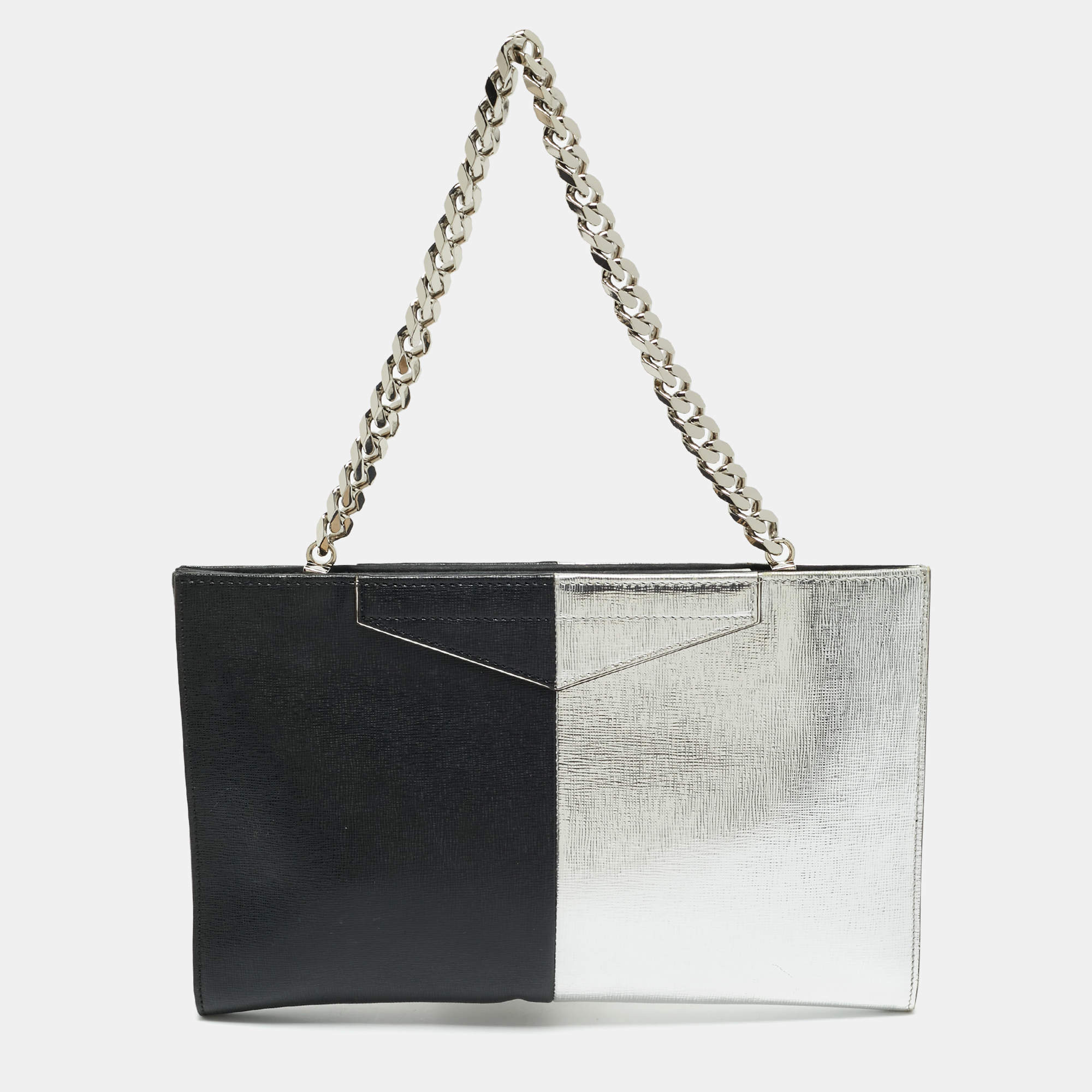 Pre Owned Fendi Silver/Black Leather Grande Chain Pochette
