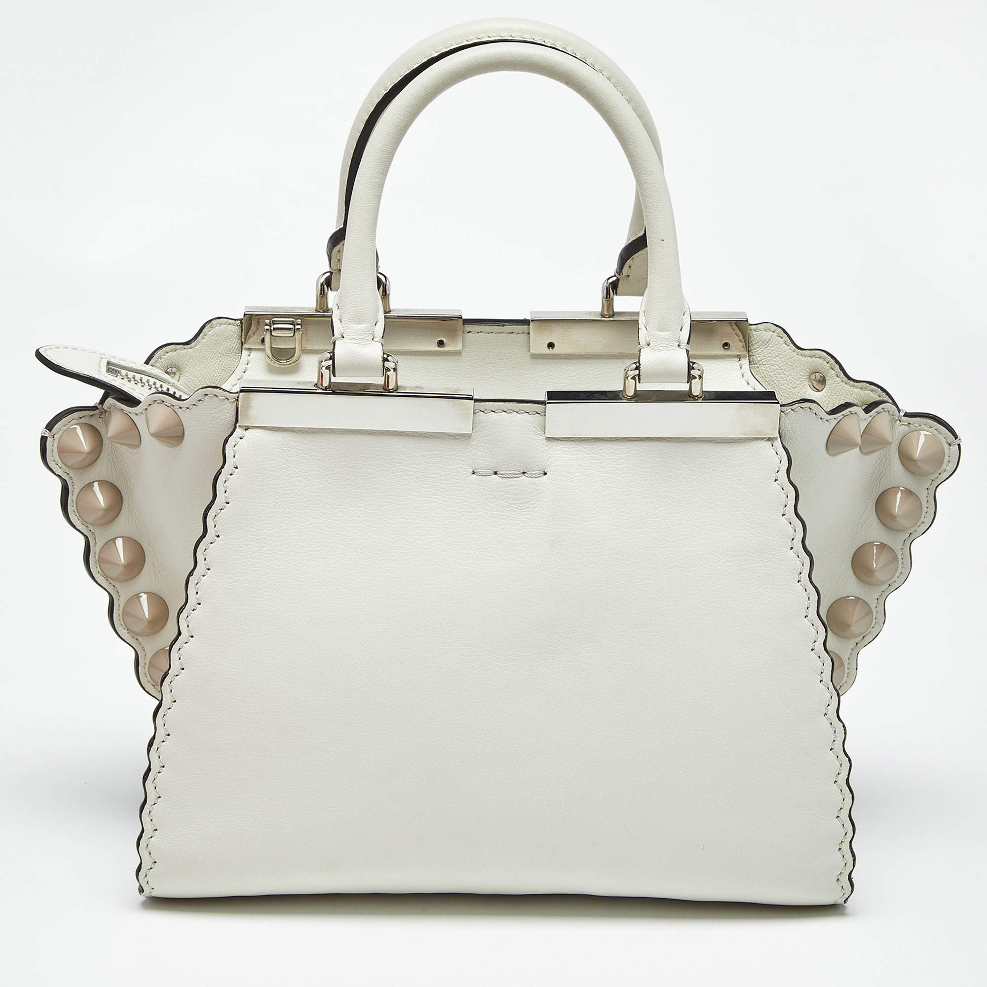 Pre Owned Fendi White Leather Petite Studded 3Jours Tote