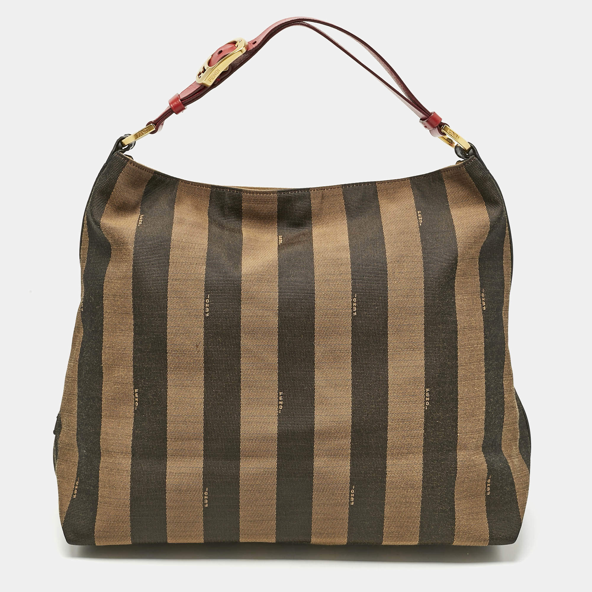 Pre Owned Fendi Tobacco/Red Pequin Stripe Canvas and Leather Hobo