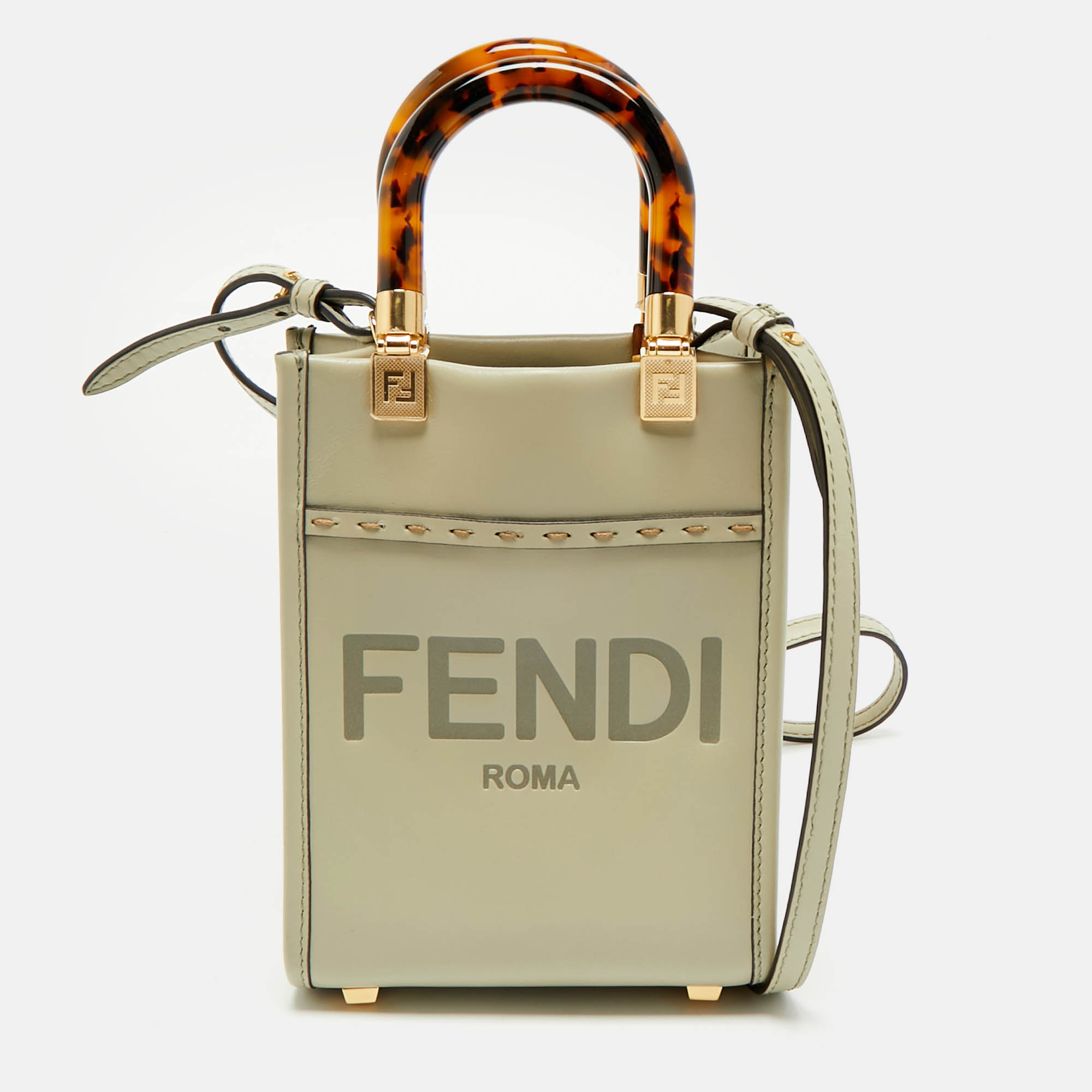 Pre Owned Fendi Light Green Leather Mini Sunshine Tote