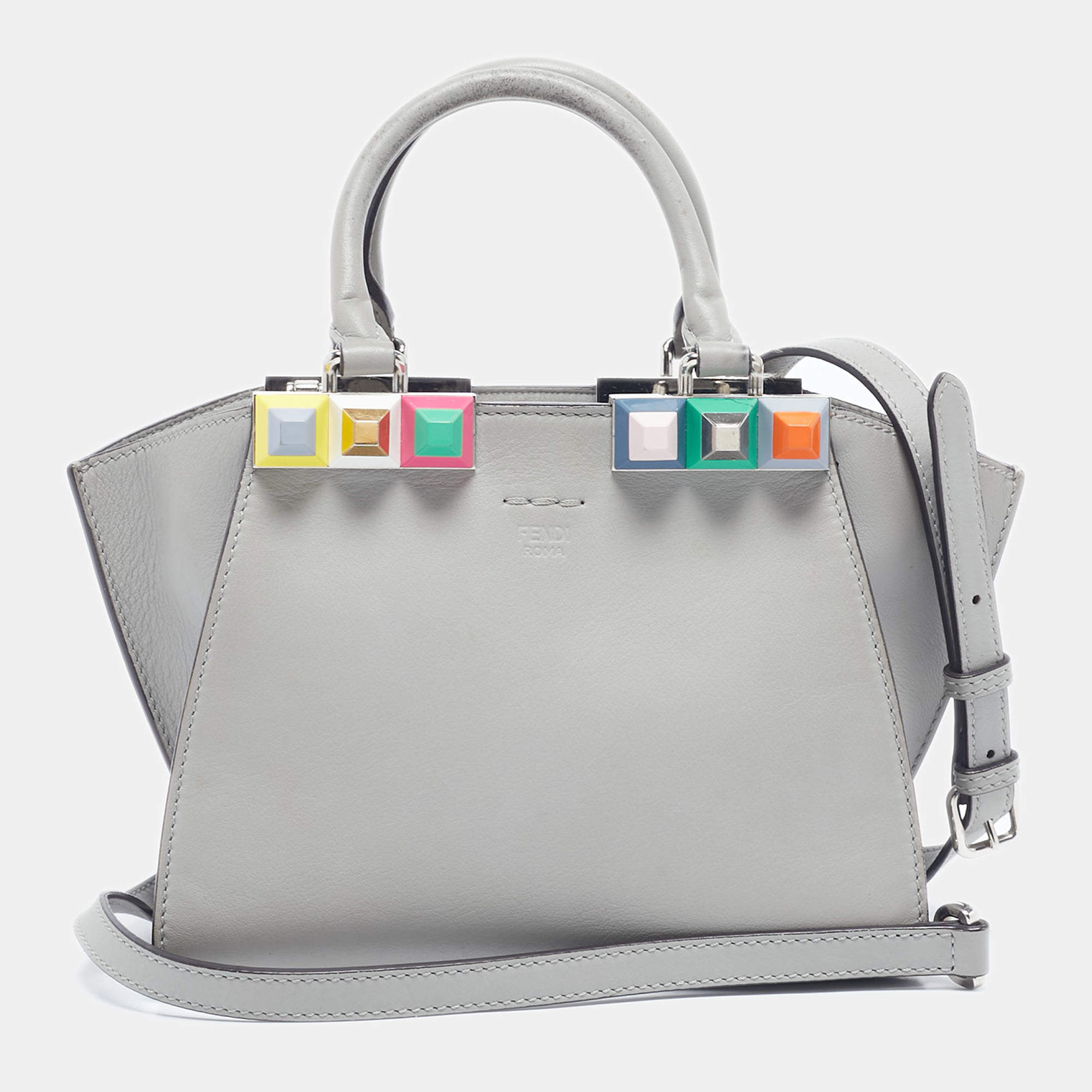 Pre Owned Fendi Grey Leather Mini Studded 3Jours Tote