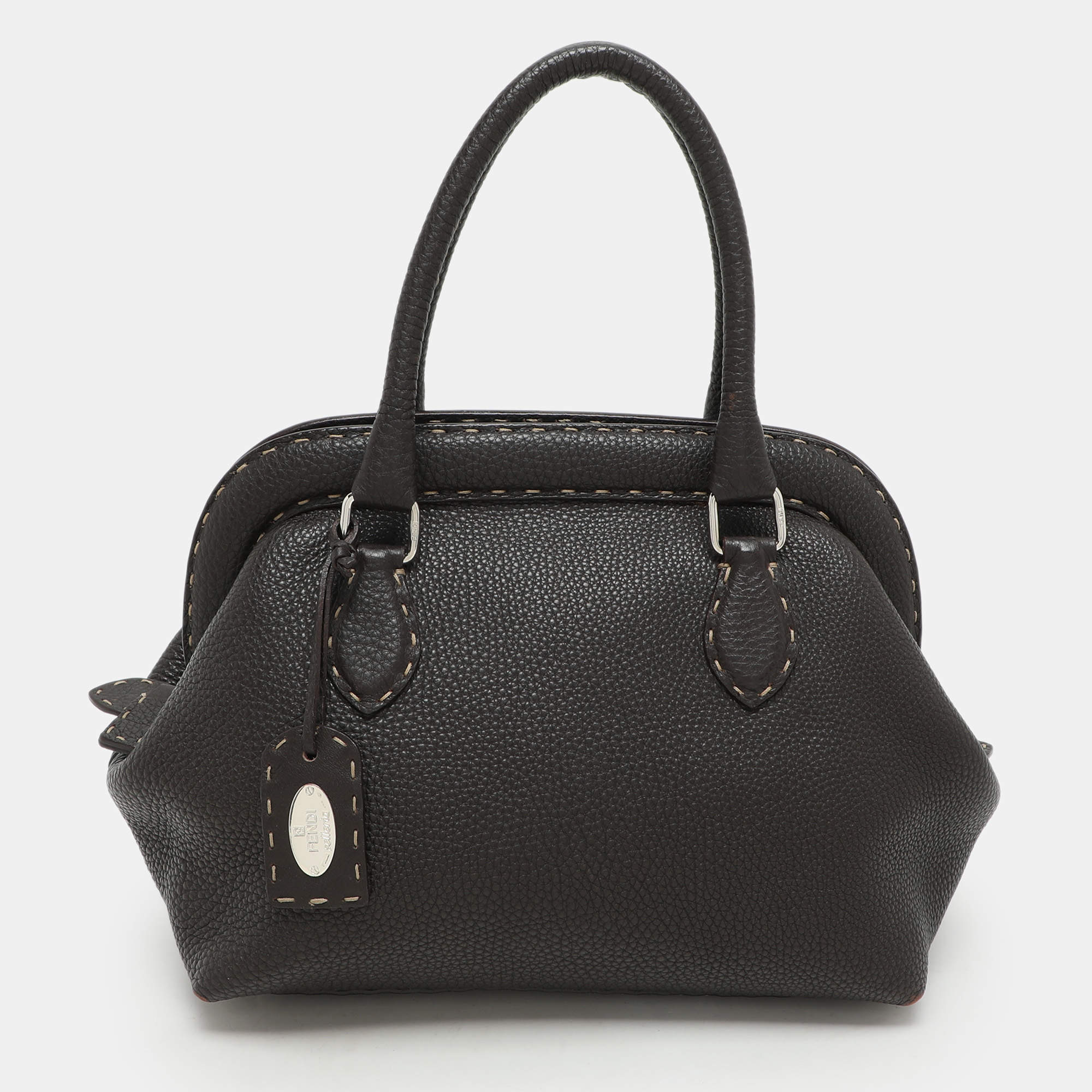 Pre Owned Fendi Dark Brown Selleria Leather Adel Frame Satchel