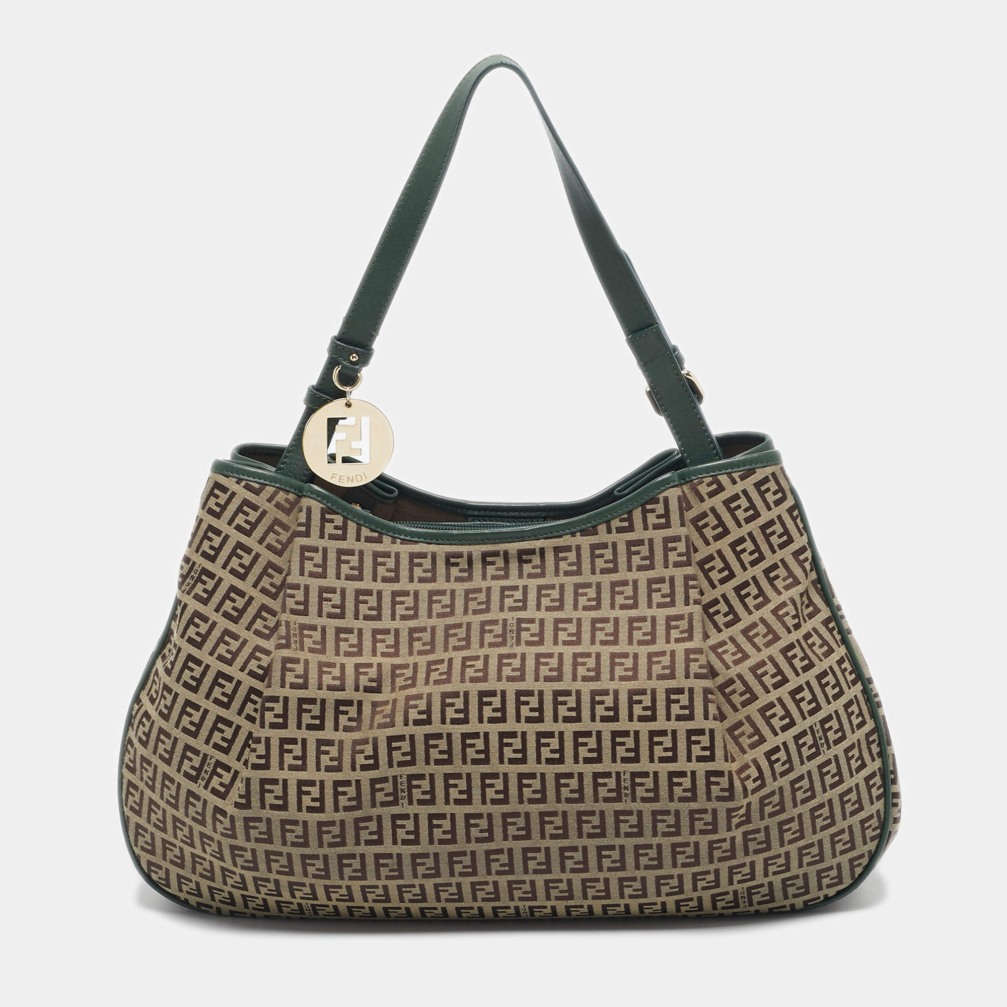 Pre Owned Fendi Green/Beige Zucchino Canvas Charm Shoulder Bag