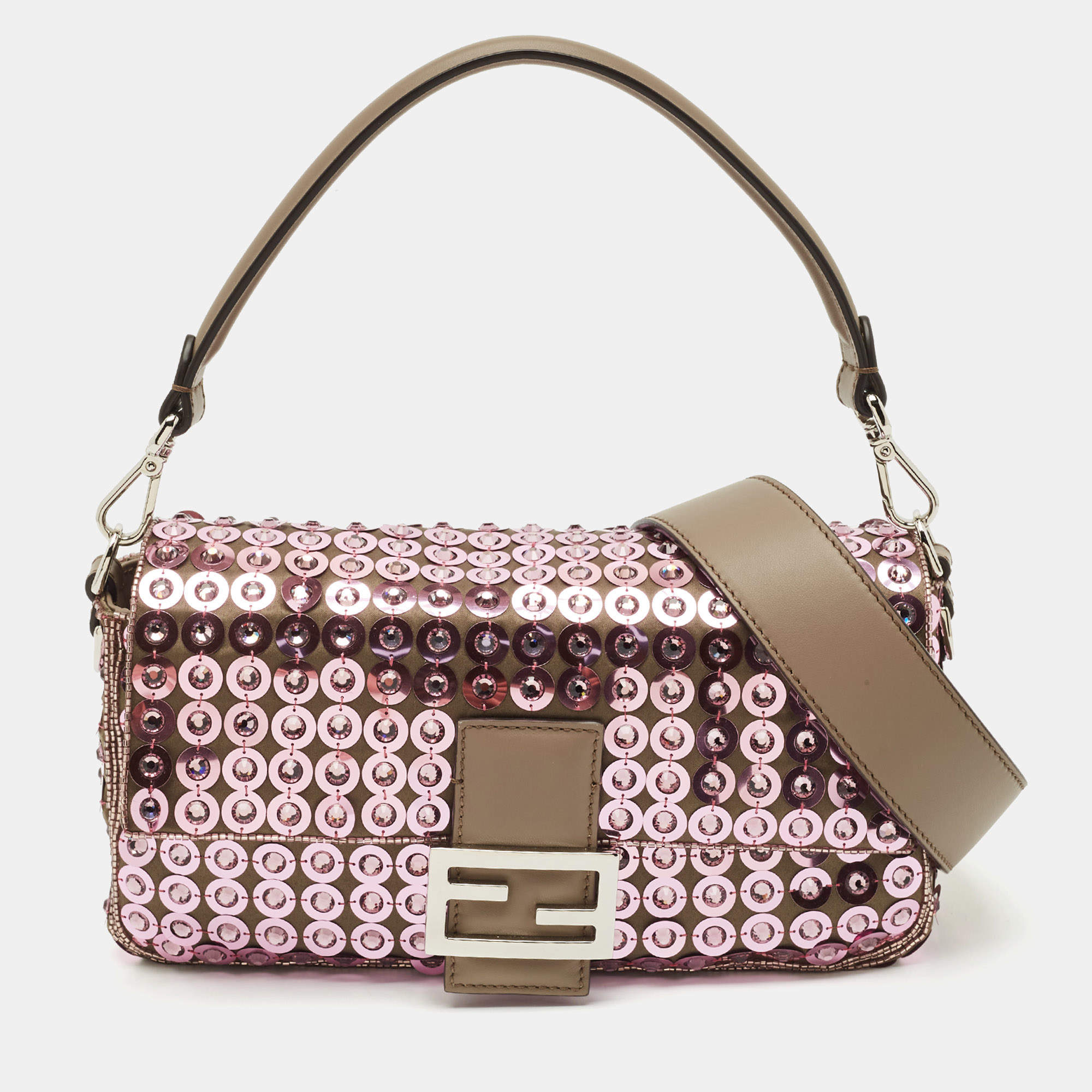 Pre Owned Fendi Pink/Beige Leather and Sequins Embellished Medium Baguette Bag