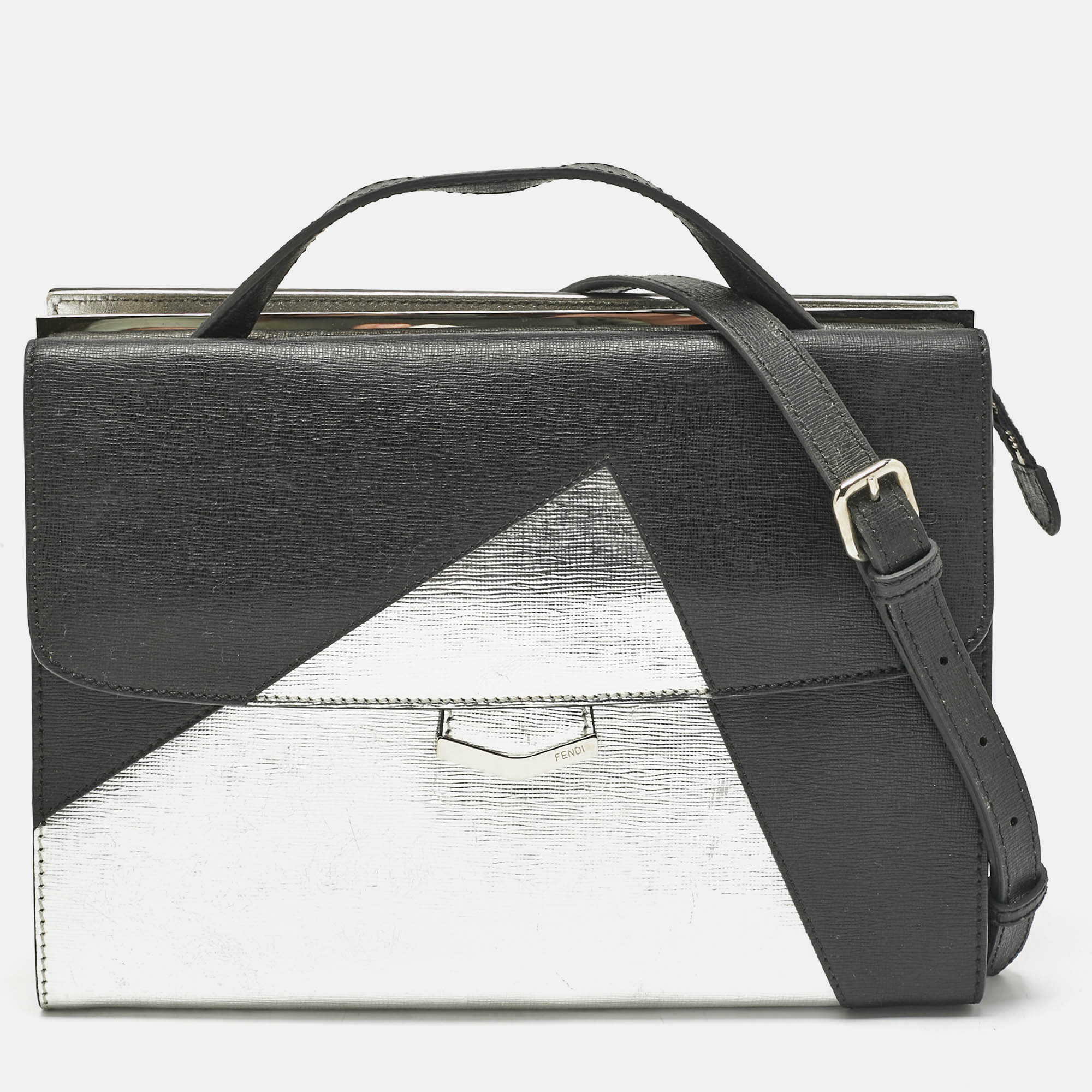 Pre Owned Fendi Black/Silver Leather Small Demi Jour Top Handle Bag