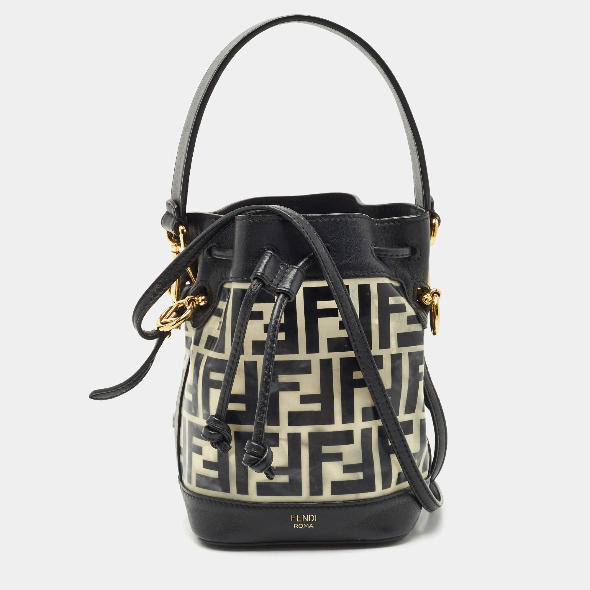 Pre Owned Fendi Black Zucca PVC and Leather Mini Mon Tresor Drawstring Bucket Bag