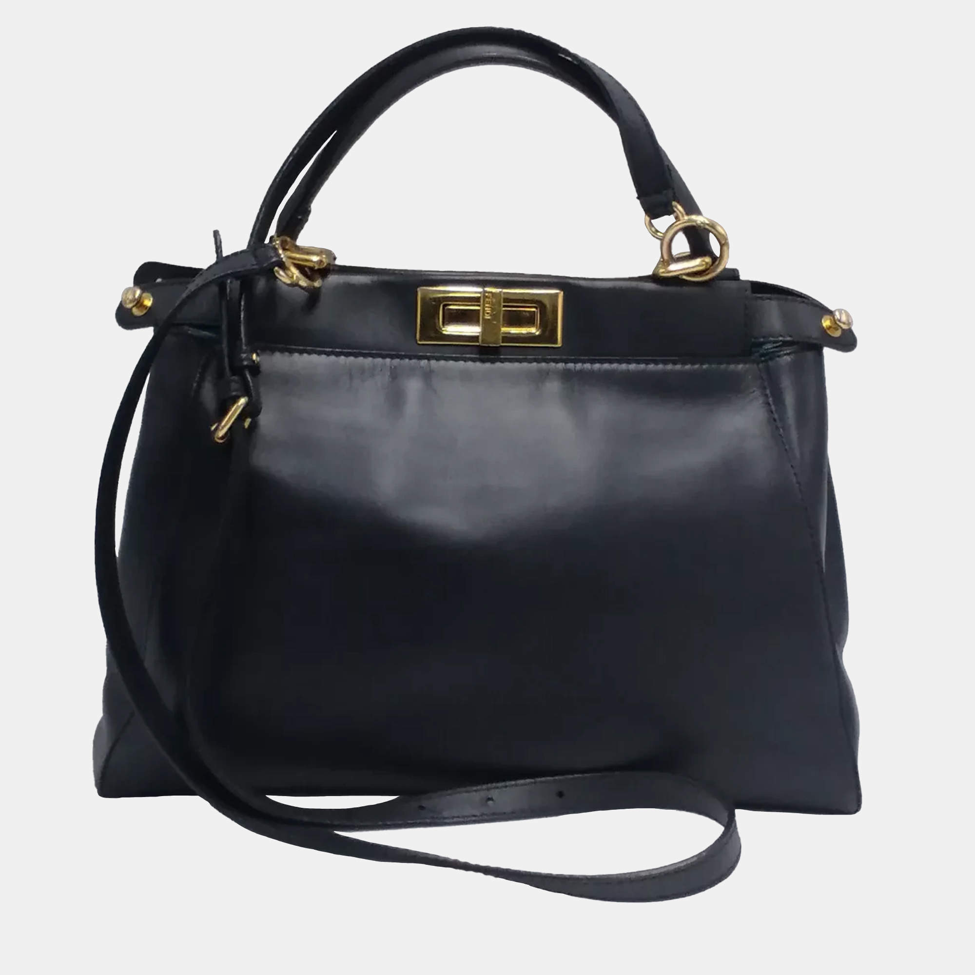 Pre Owned Fendi Peekaboo Small Black Leather Top Handle Bag
