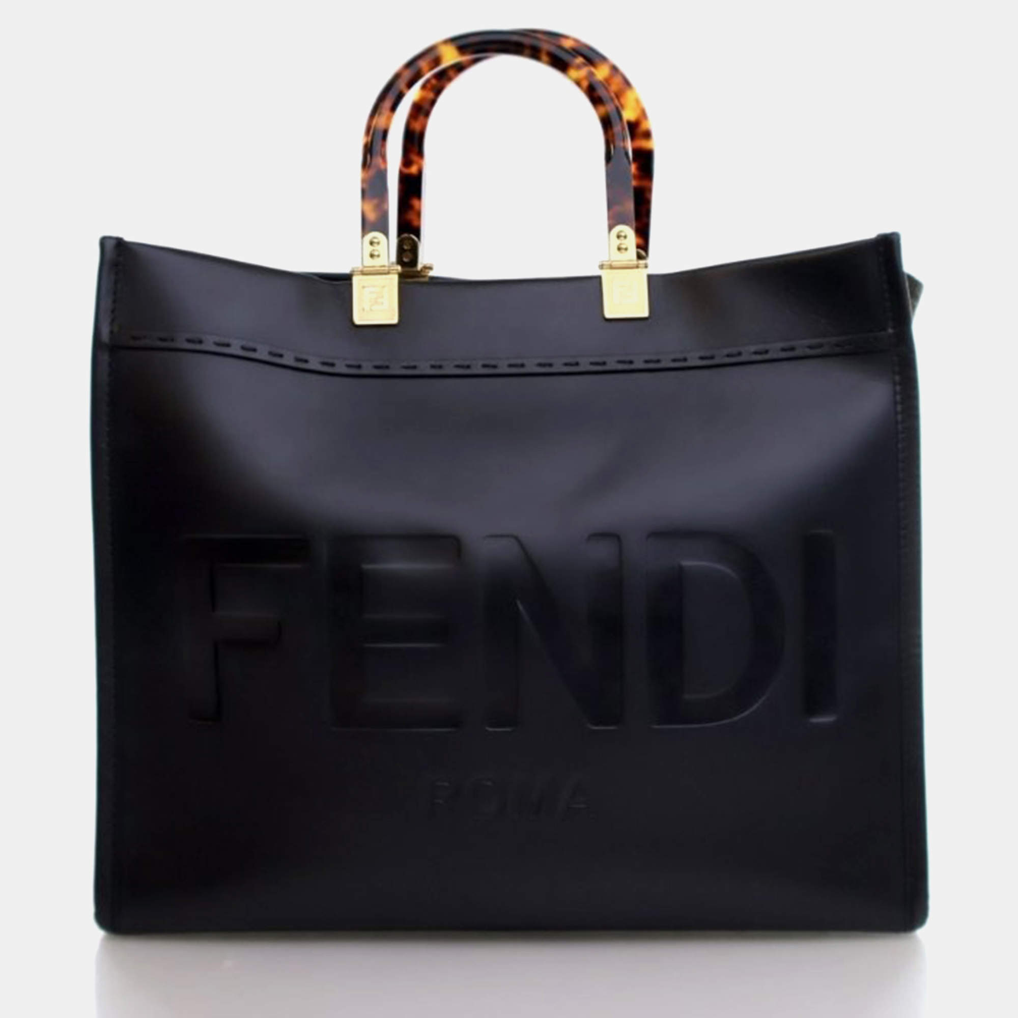 Pre Owned Fendi Sunshine Medium Black Calfskin Tote Bag