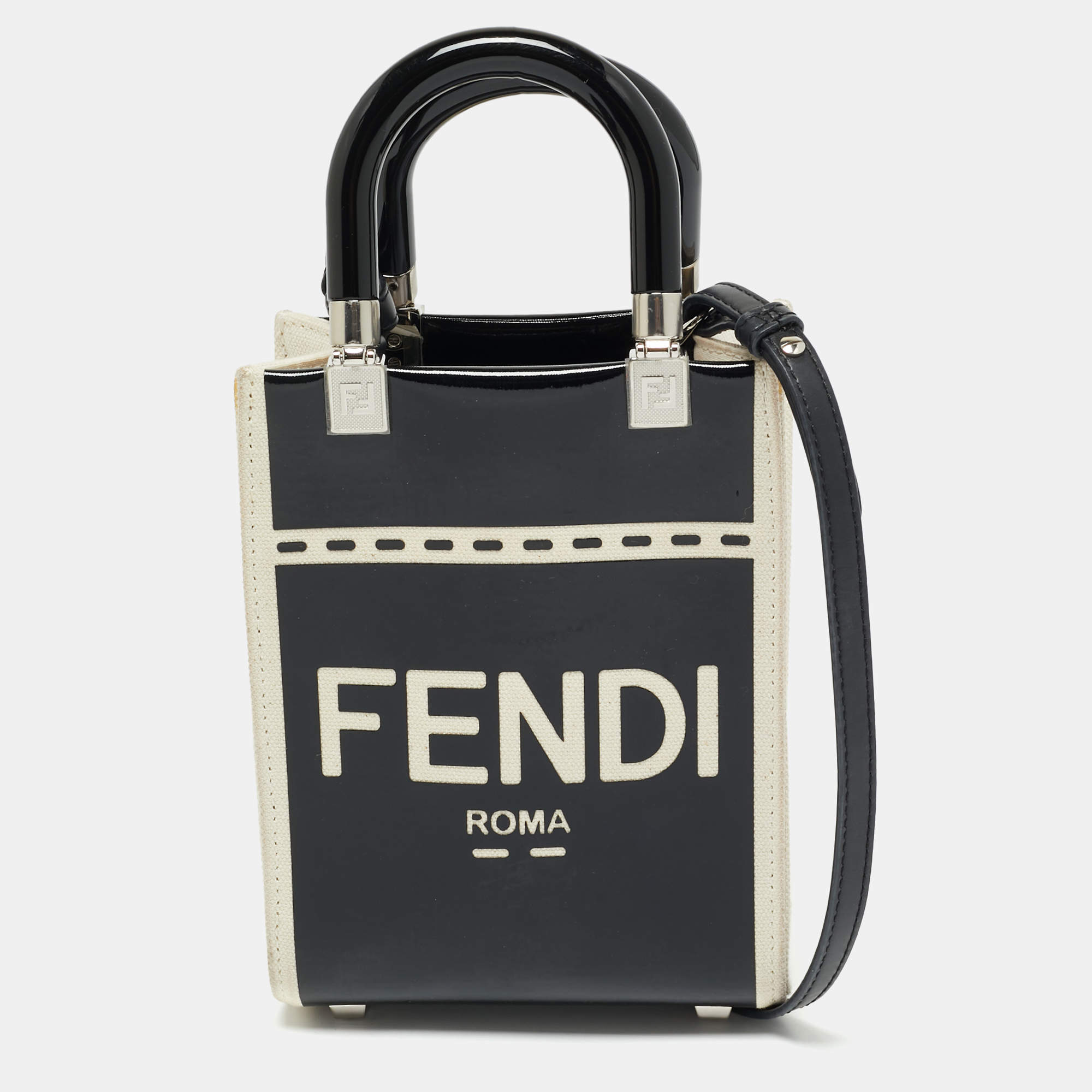 Pre Owned Fendi Black/Cream Patent Leather and Canvas Mini Sunshine Tote