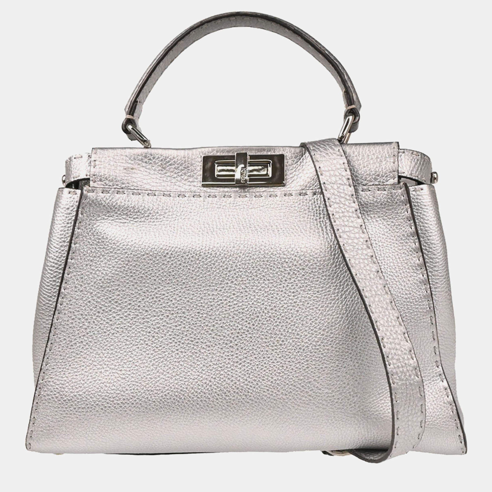 Pre Owned Fendi Peekaboo Silver Leather Handbag