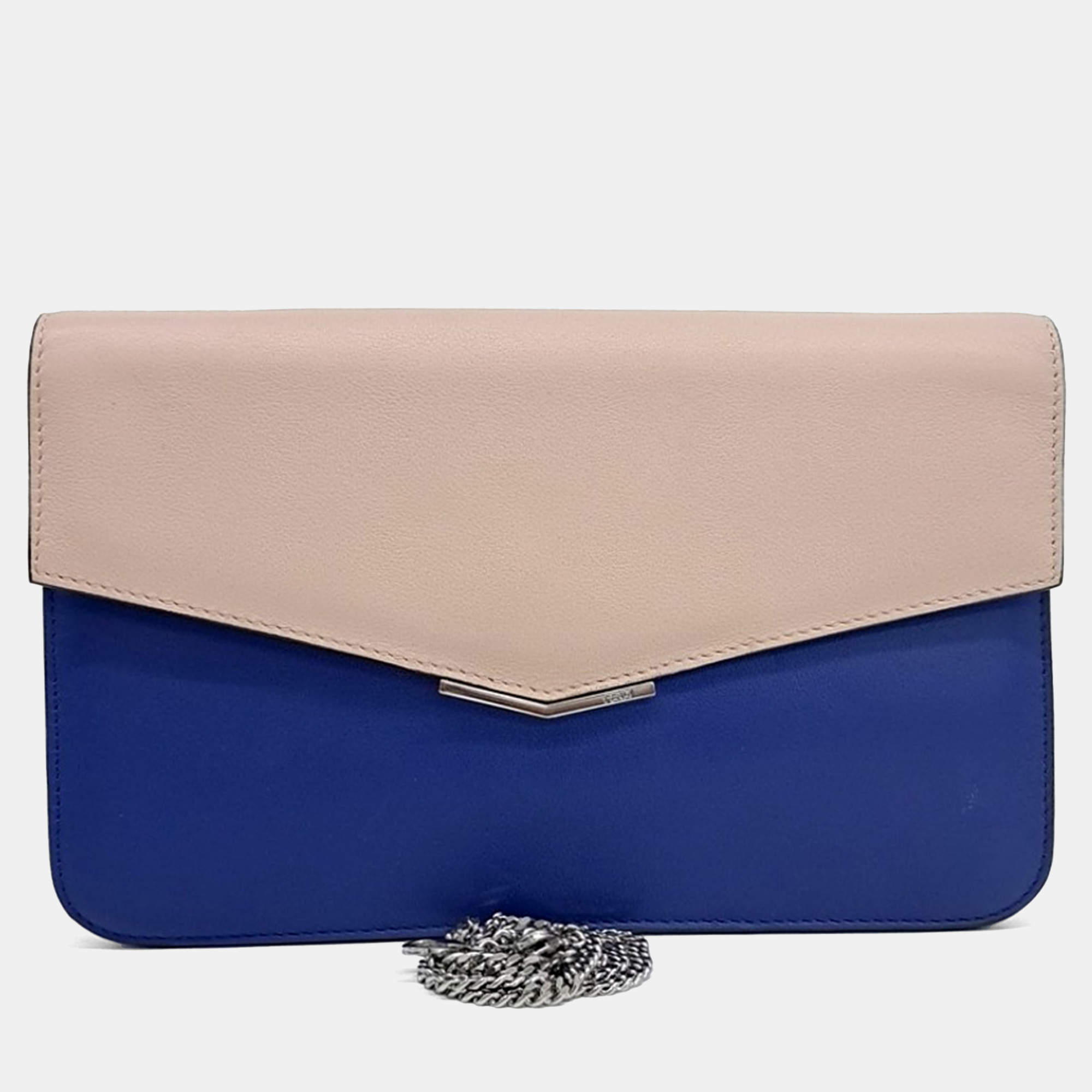 Pre Owned Fendi Blue Pink Leather Toujours Clutch and Shoulder Bag