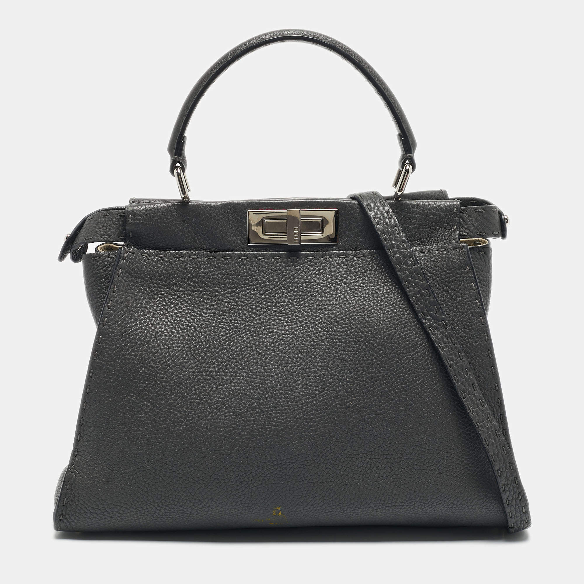 Pre Owned Fendi Grey Leather Medium Peekaboo Top Handle Bag