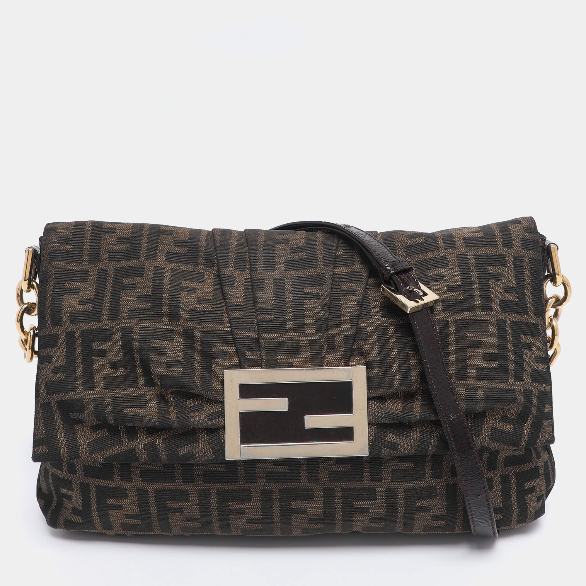 Pre Owned Fendi Tobacco Zucca Canvas Large Flap Shoulder Bag