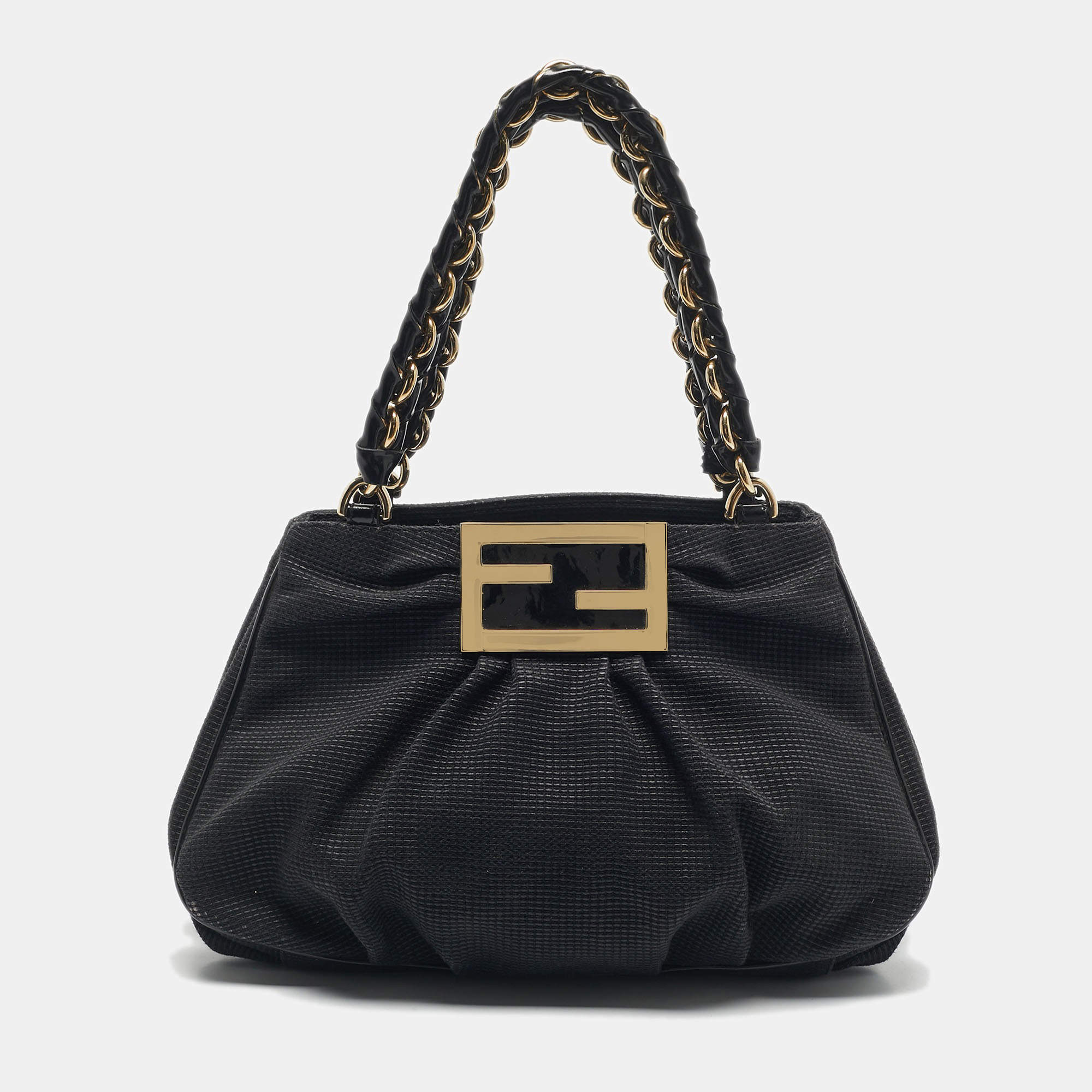 مملوكة مسبقًا Fendi Black Textured Fabric and Patent Leather Small Mia Tote