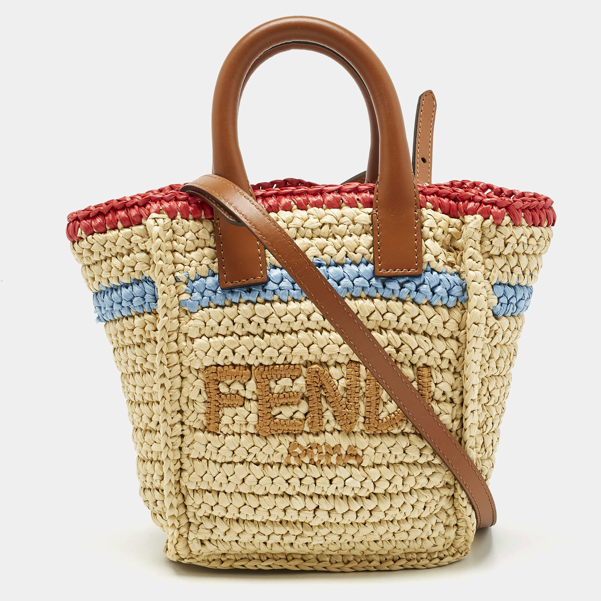 Pre Owned Fendi Brown/Natural Raffia Mini Soft Sunshine Tote