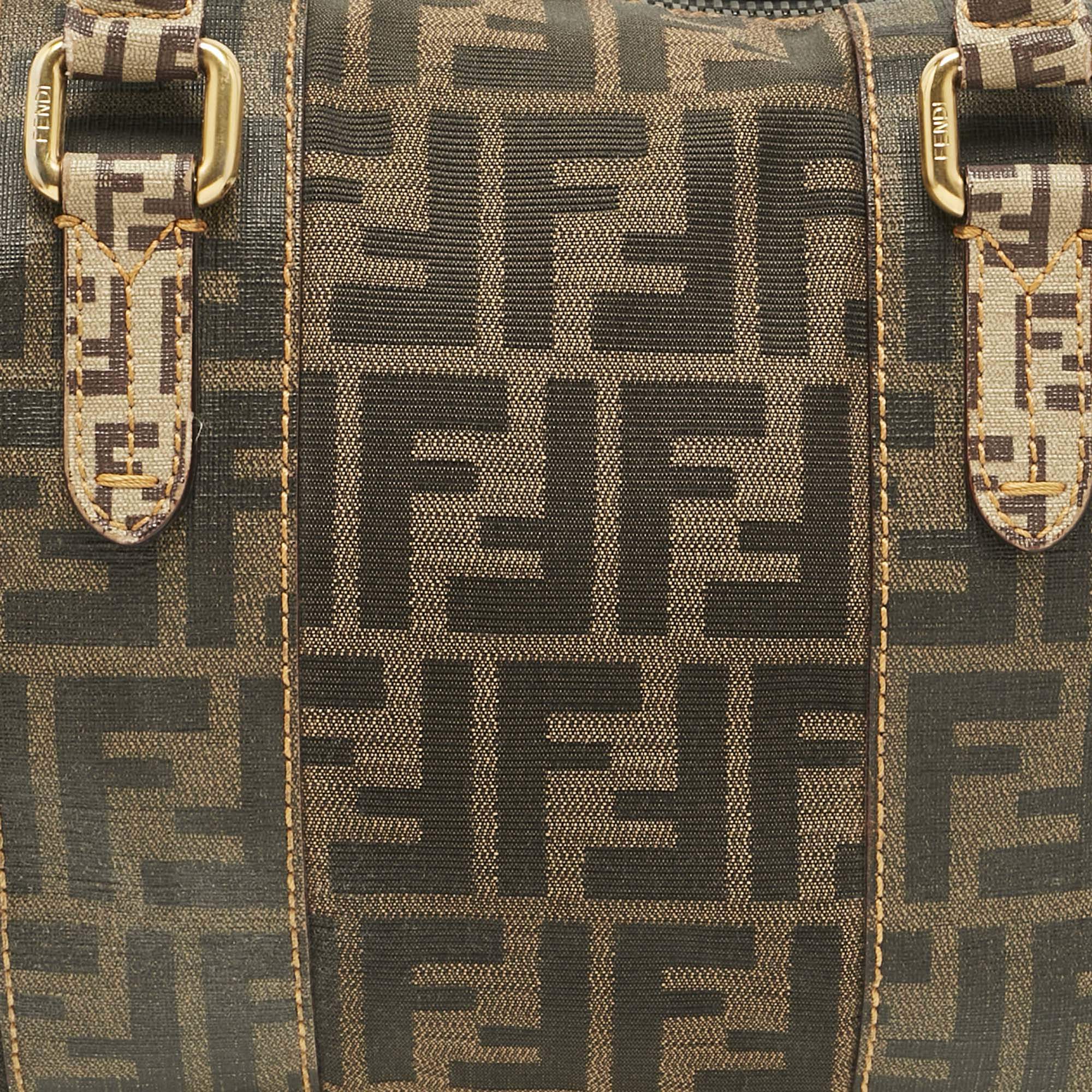 Pre Owned Fendi Brown/Beige Zucca Nylon and Coated Canvas Mixed Media Boston Bag