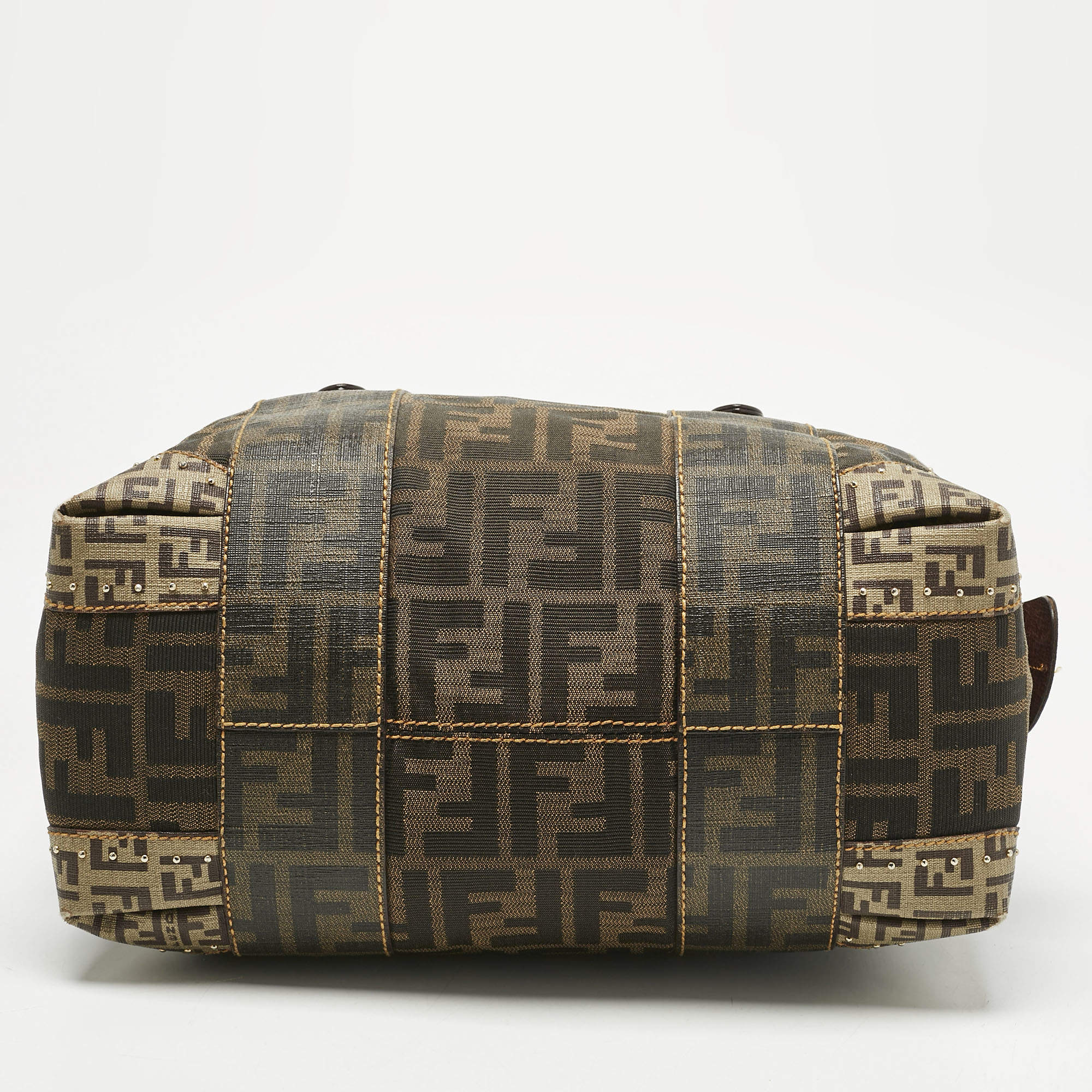 Pre Owned Fendi Brown/Beige Zucca Nylon and Coated Canvas Mixed Media Boston Bag