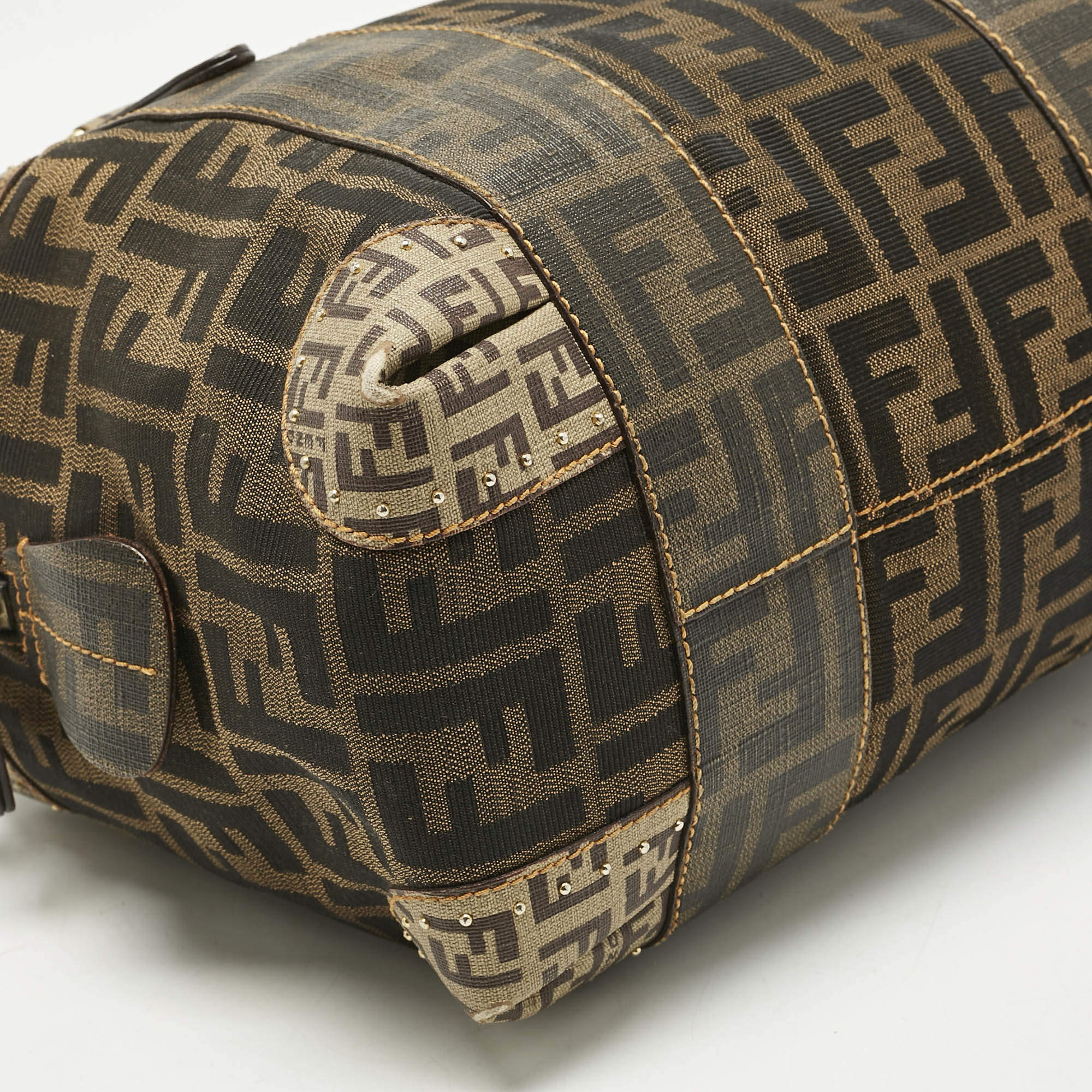Pre Owned Fendi Brown/Beige Zucca Nylon and Coated Canvas Mixed Media Boston Bag