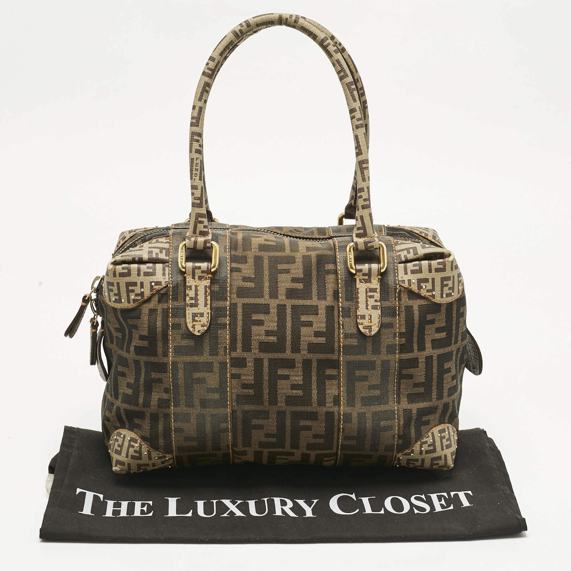 Pre Owned Fendi Brown/Beige Zucca Nylon and Coated Canvas Mixed Media Boston Bag