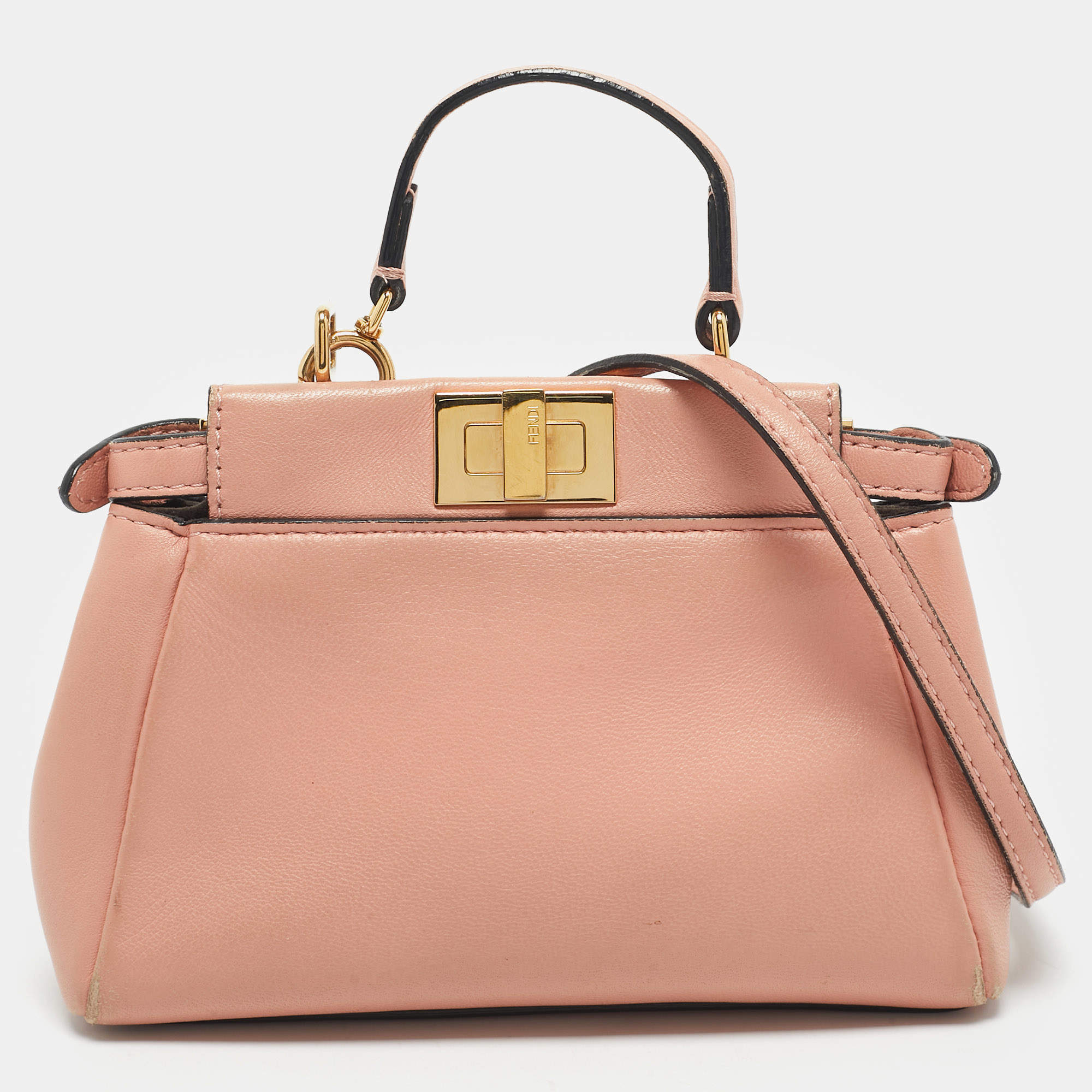 Pre Owned Fendi Peach Leather Micro Peekaboo Crossbody Bag